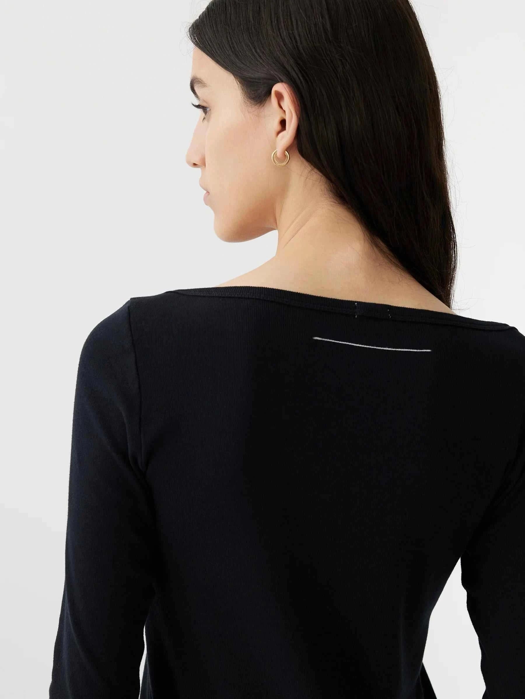 Bassike Envelope Neck Rib Long Sleeve Top Black