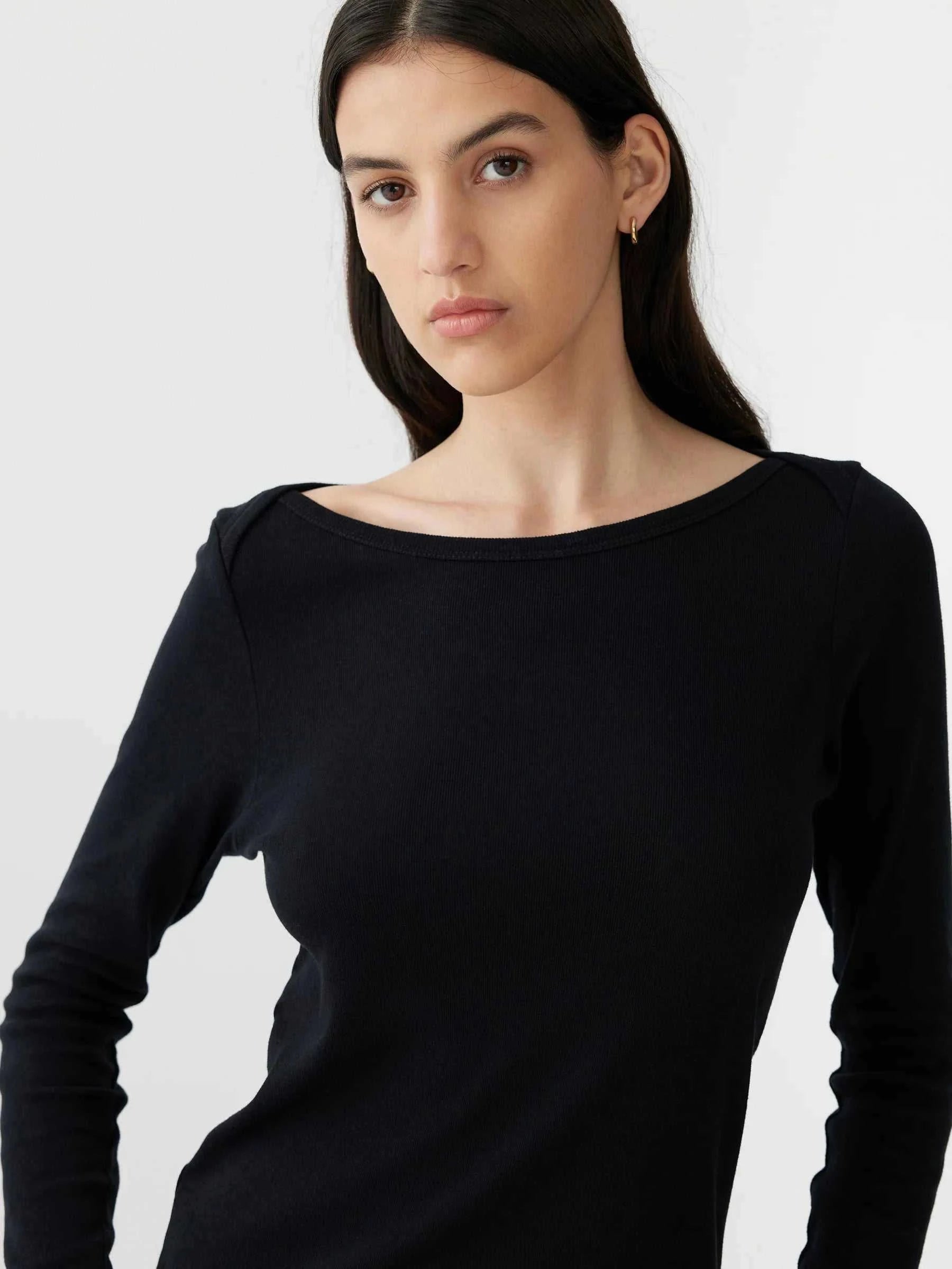 Bassike Envelope Neck Rib Long Sleeve Top Black