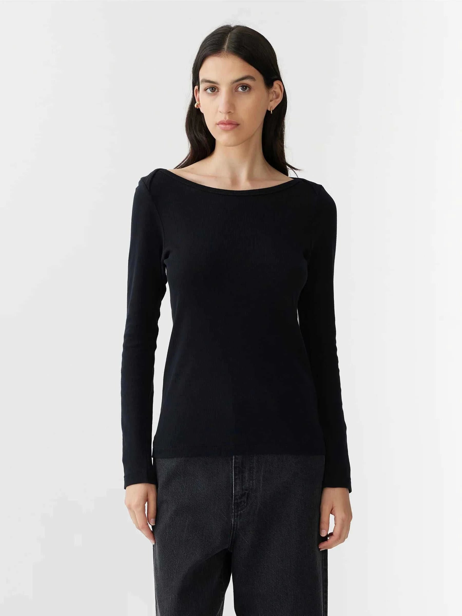 Bassike Envelope Neck Rib Long Sleeve Top Black