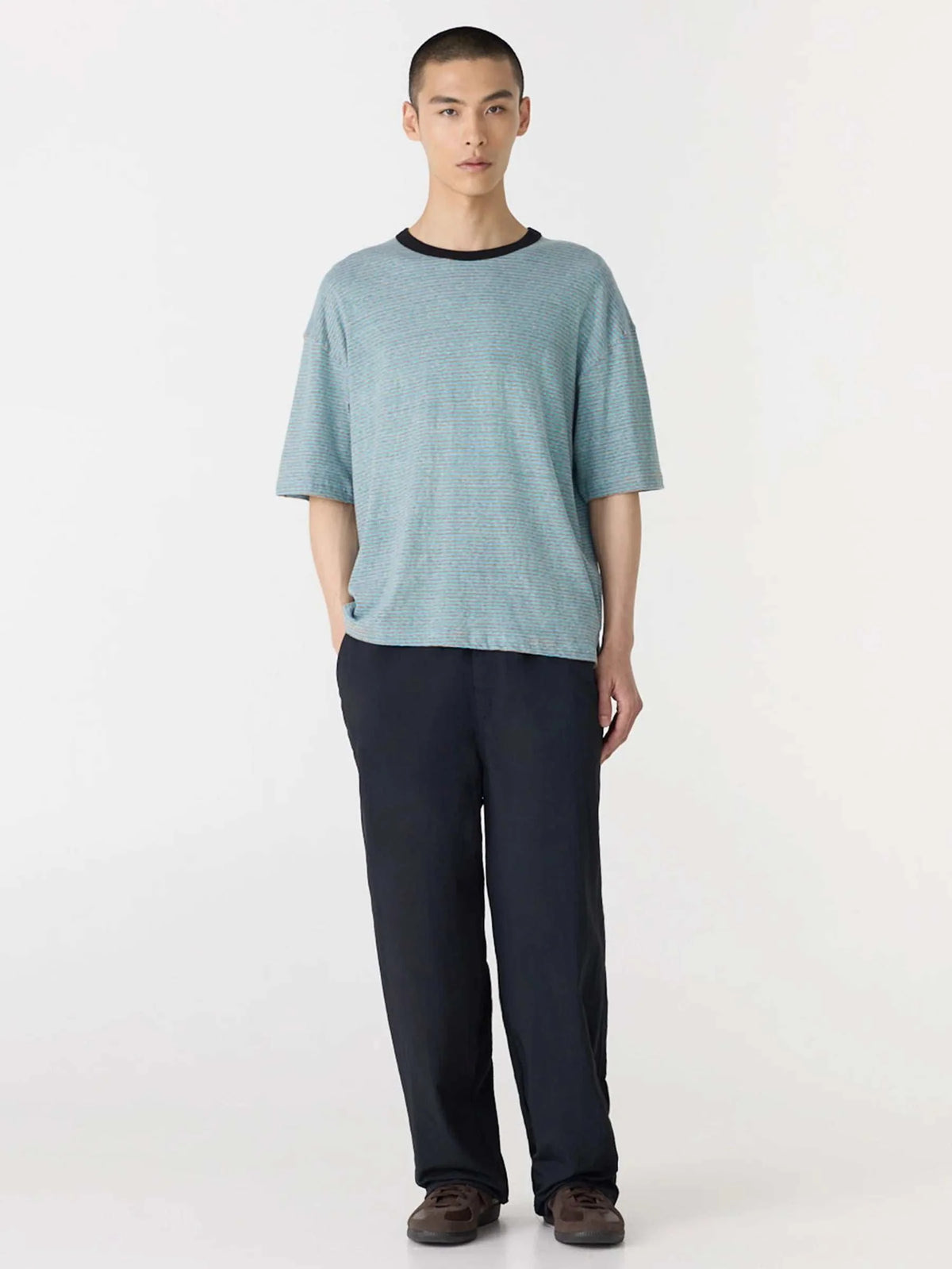Bassike Stripe Boxy T Shirt Blue Brown Stripe