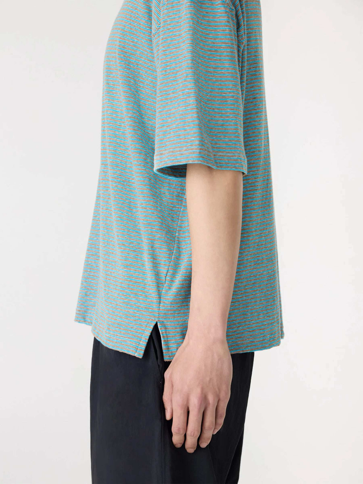 Bassike Stripe Boxy T Shirt Blue Brown Stripe