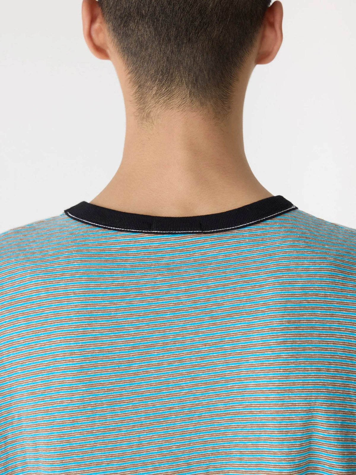 Bassike Stripe Boxy T Shirt Blue Brown Stripe