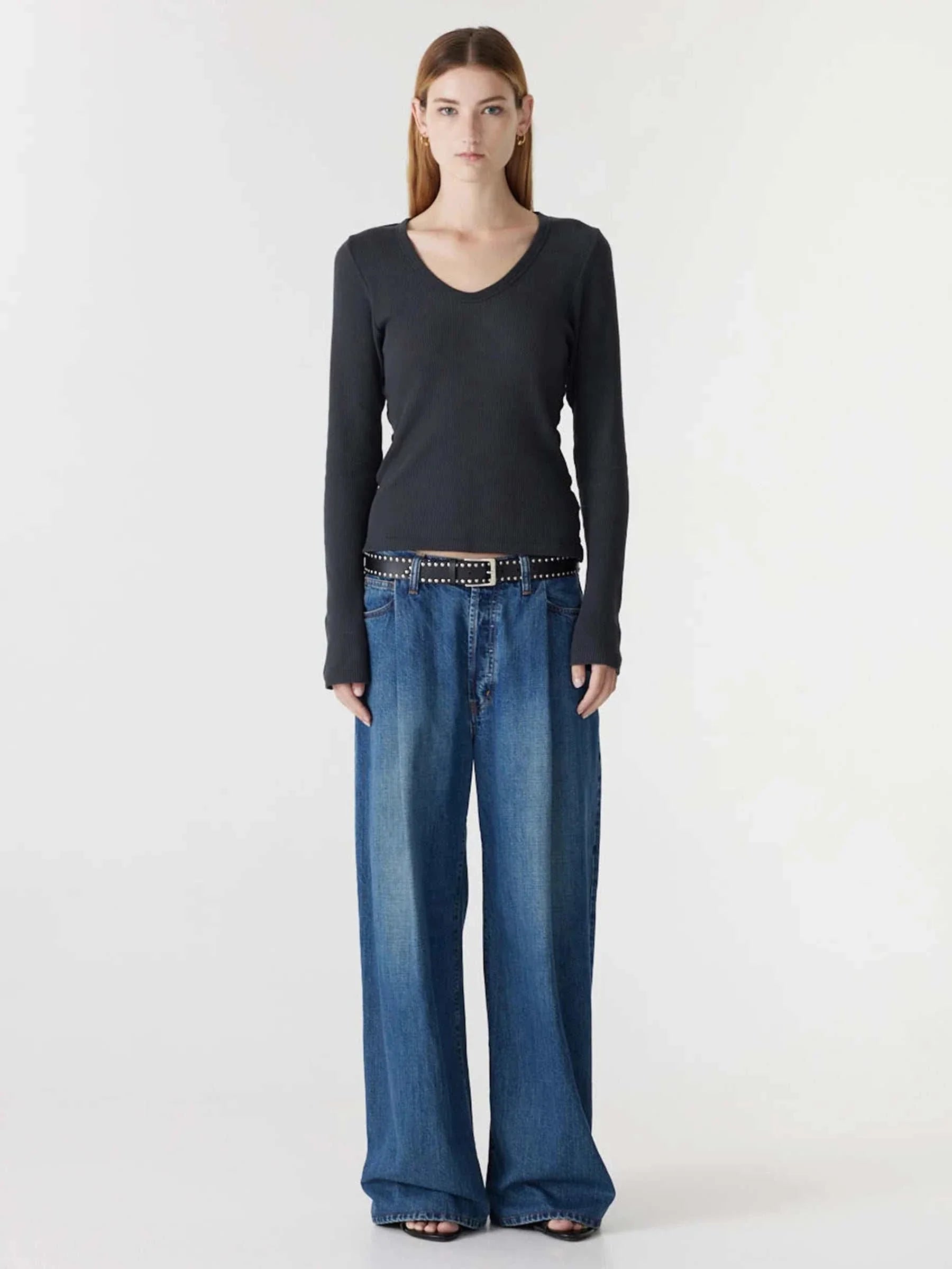 Bassike Waffle V Neck L/S Shirt Washed Ink