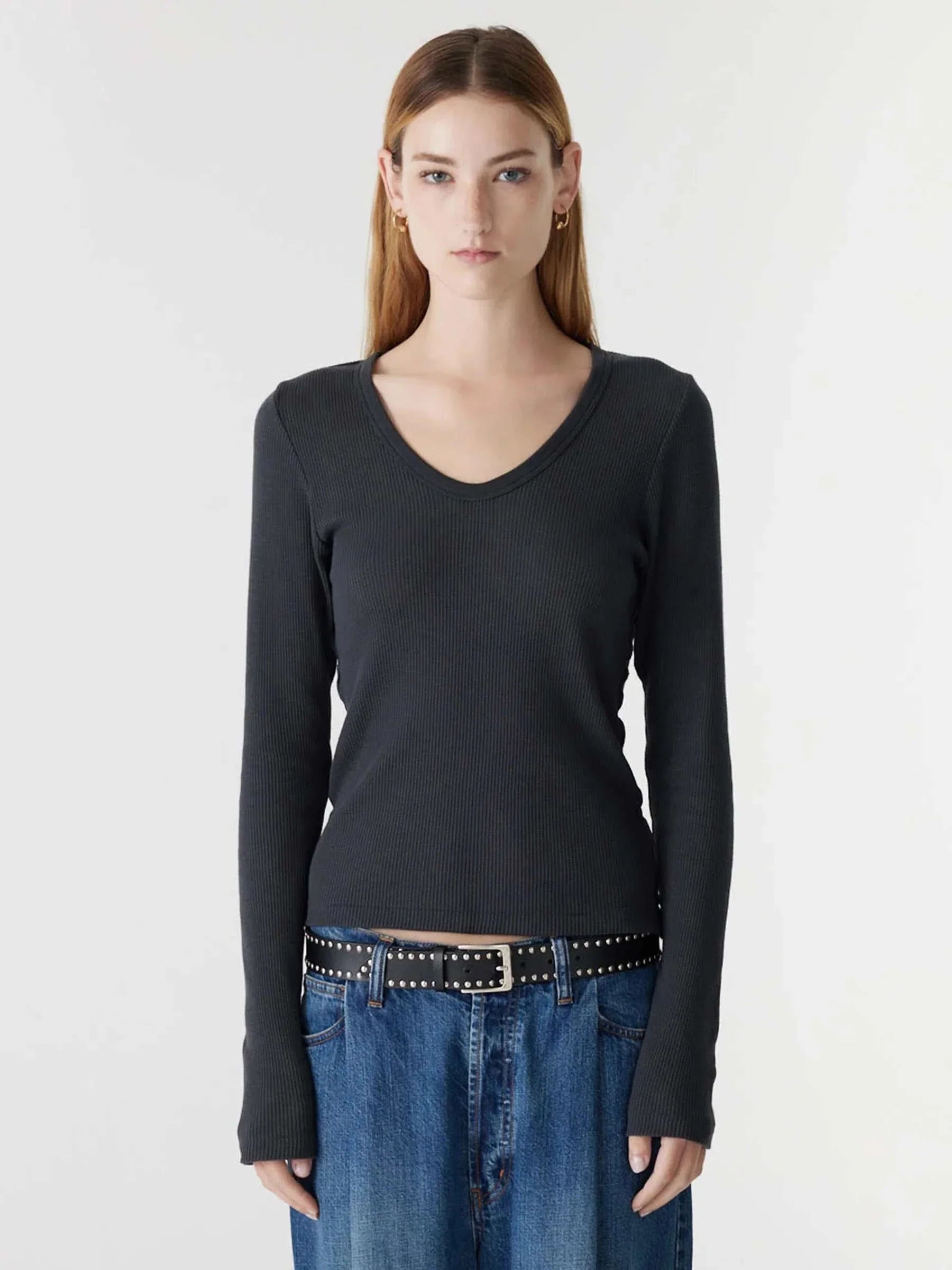 Bassike Waffle V Neck L/S Shirt Washed Ink