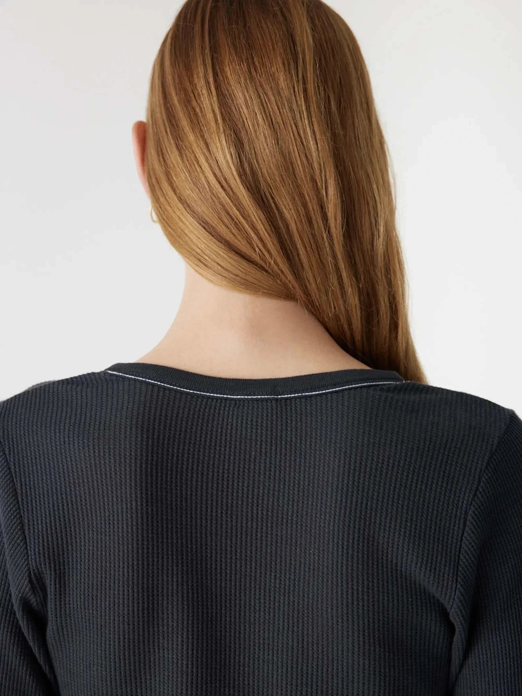 Bassike Waffle V Neck L/S Shirt Washed Ink