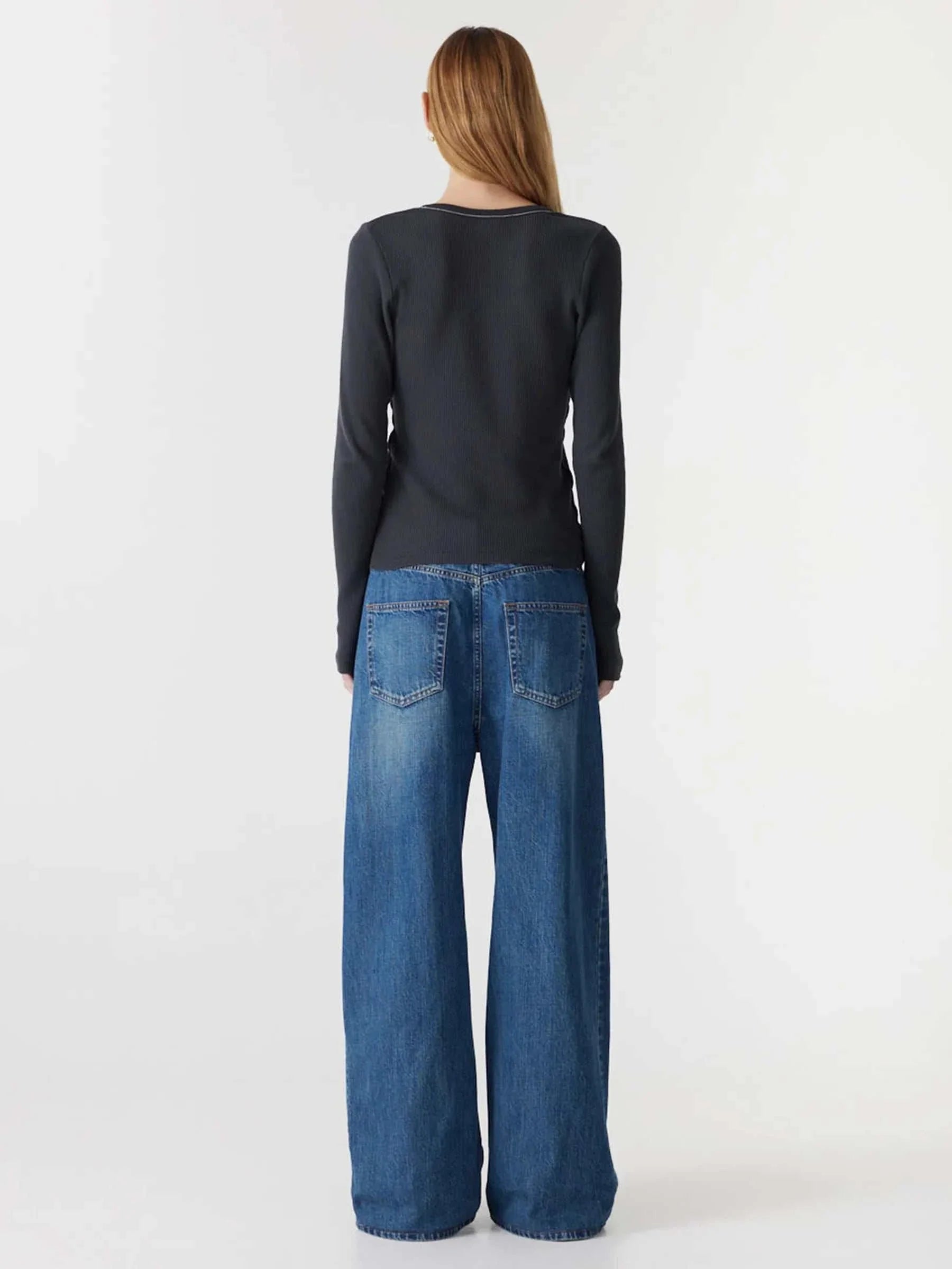 Bassike Waffle V Neck L/S Shirt Washed Ink