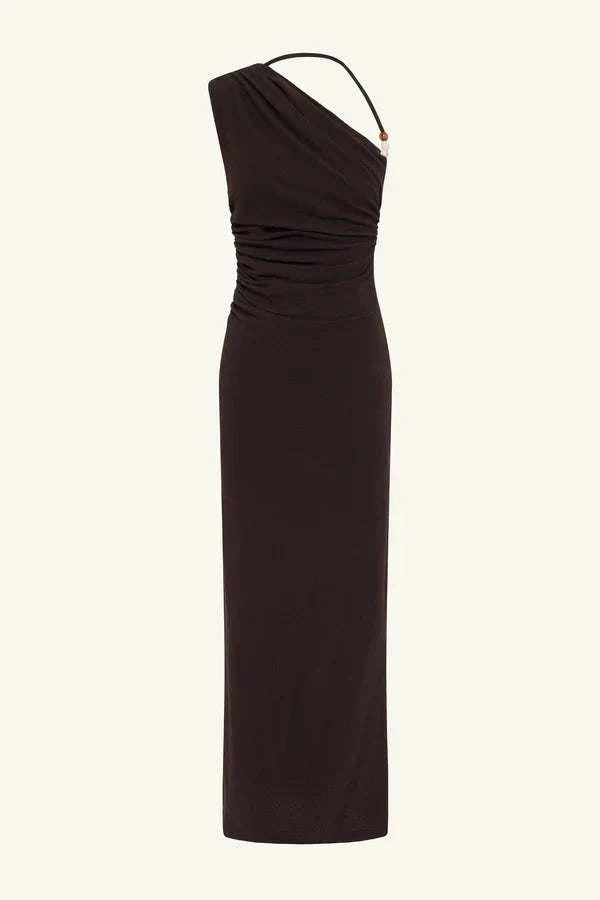 Shona Joy Beau Gathered Asymmetrical Midi Dress Espresso