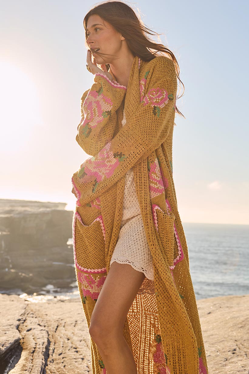 Spell Coastal Granny Maxi Cardigan Mustard