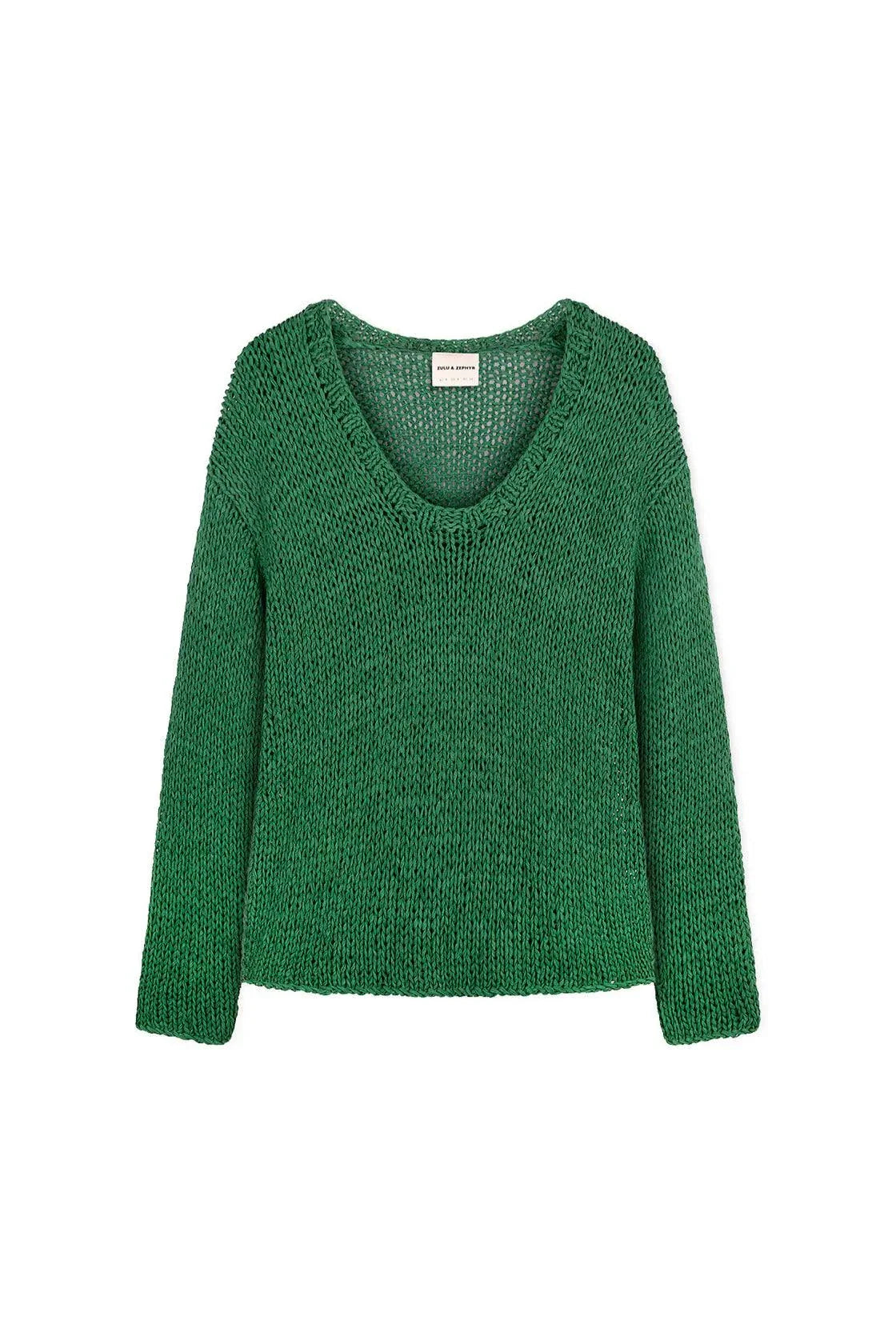 Zulu and Zephyr Linen Blend Hand Knit Jumper Tallow Green
