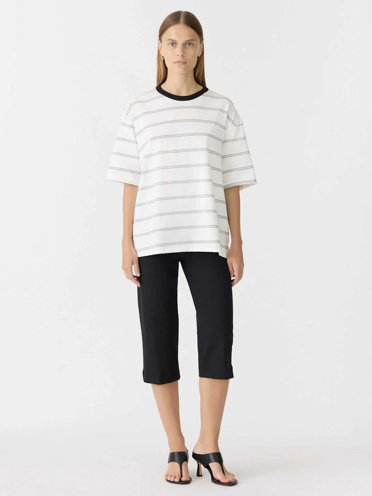 Bassike Universal Stripe Boxy T Shirt White Grey