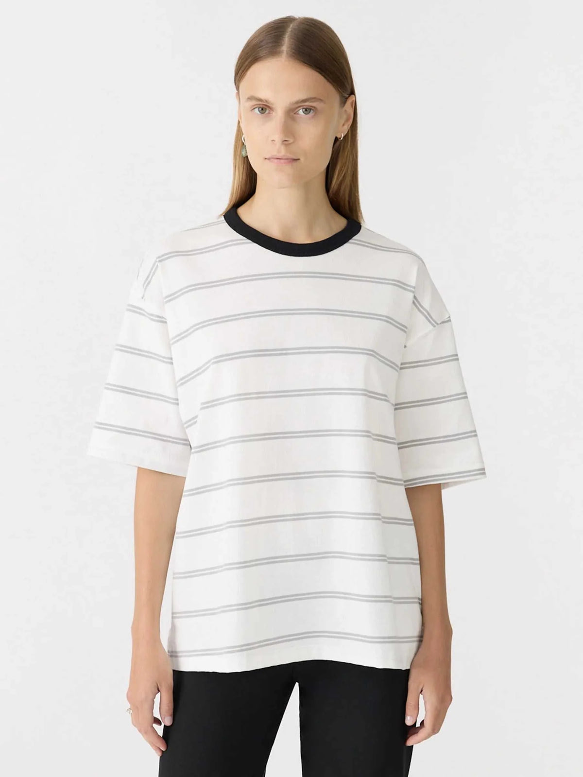 Bassike Universal Stripe Boxy T Shirt White Grey