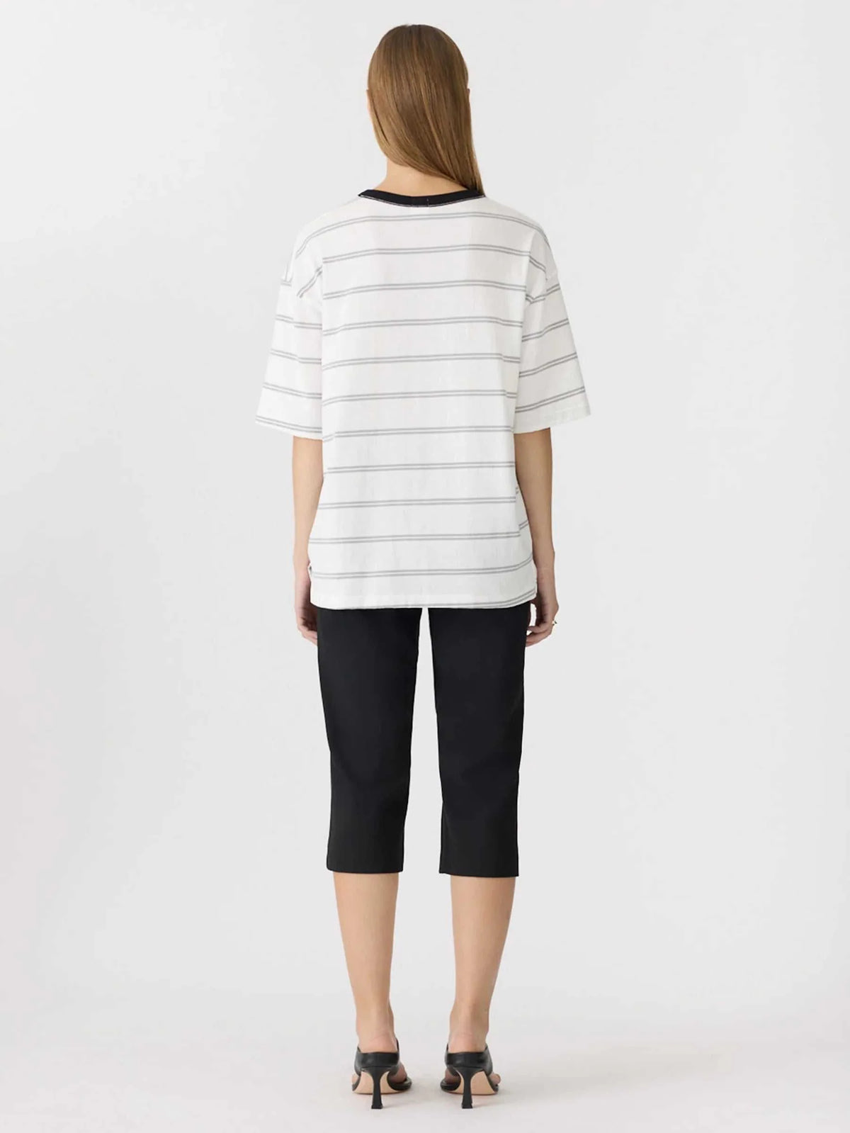 Bassike Universal Stripe Boxy T Shirt White Grey