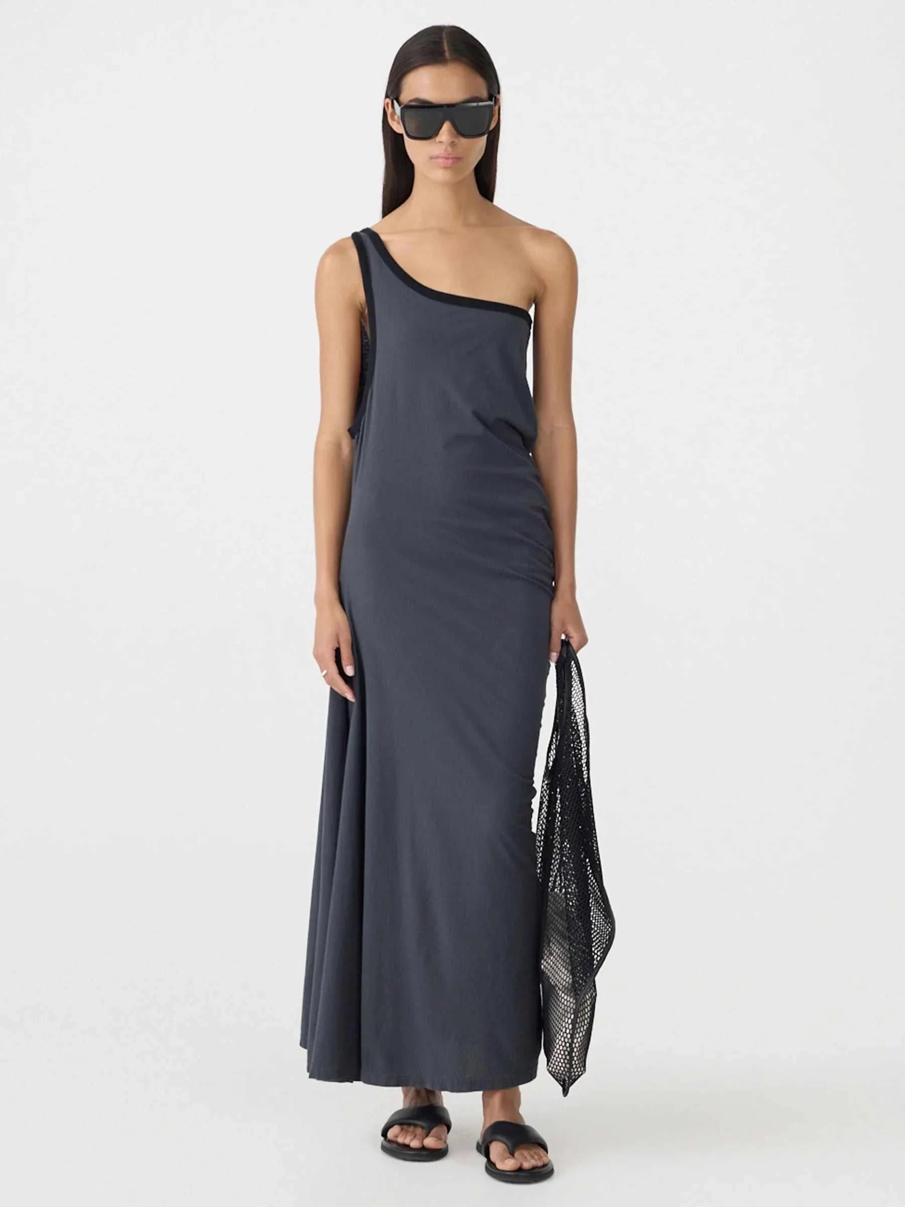 Bassike One Shoulder Longerline Dress Washed Navy Black