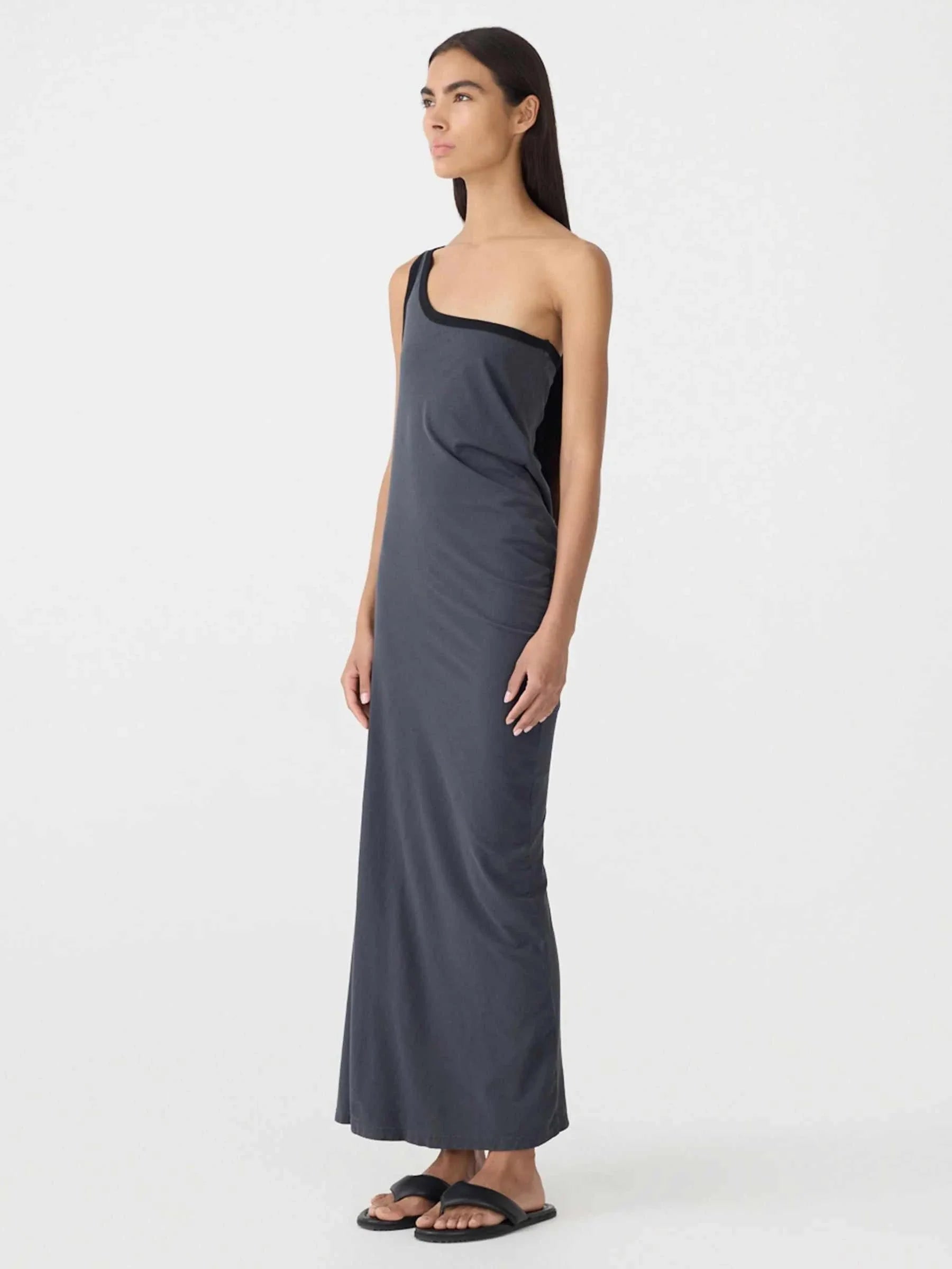 Bassike One Shoulder Longerline Dress Washed Navy Black