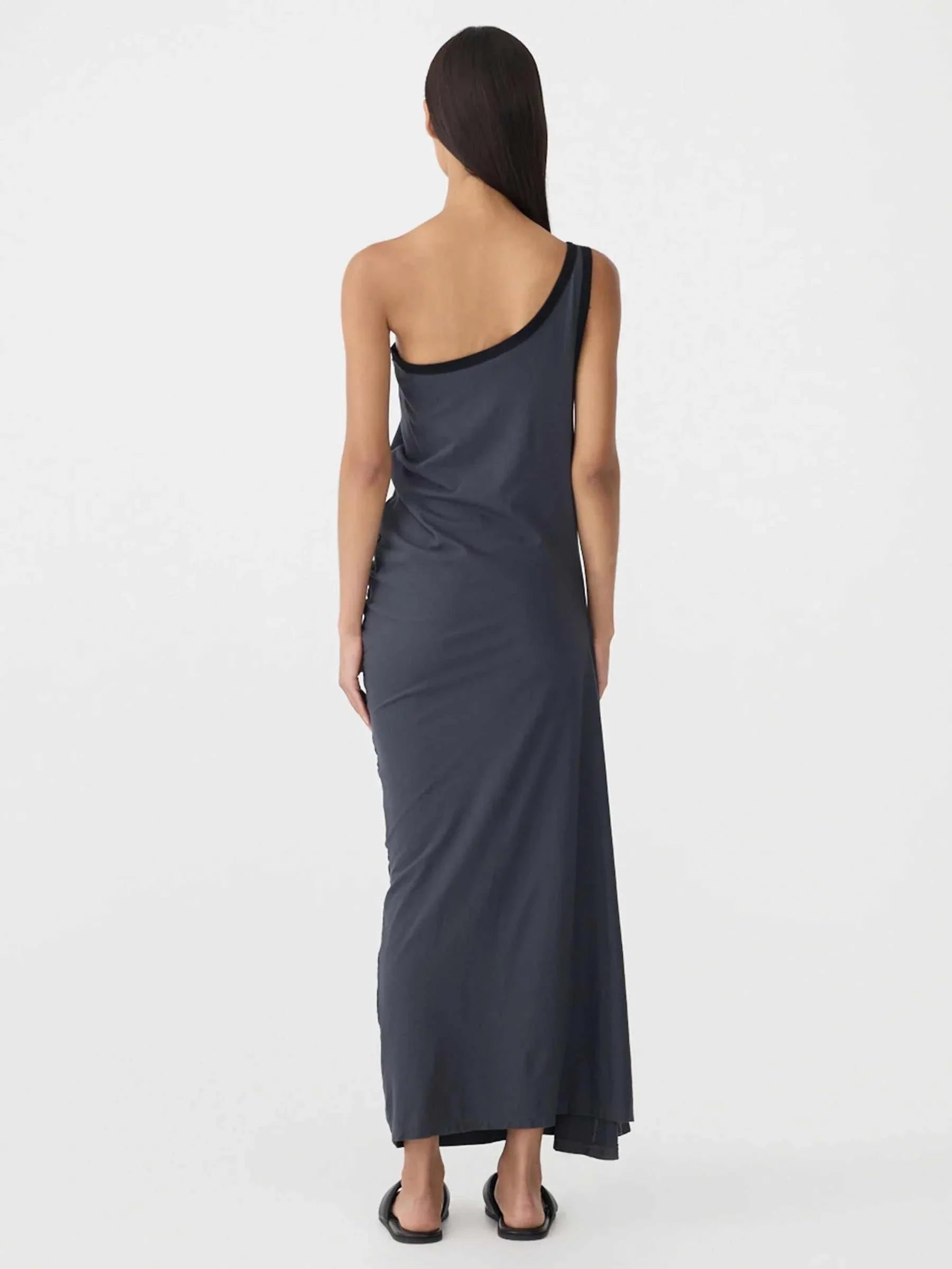 Bassike One Shoulder Longerline Dress Washed Navy Black