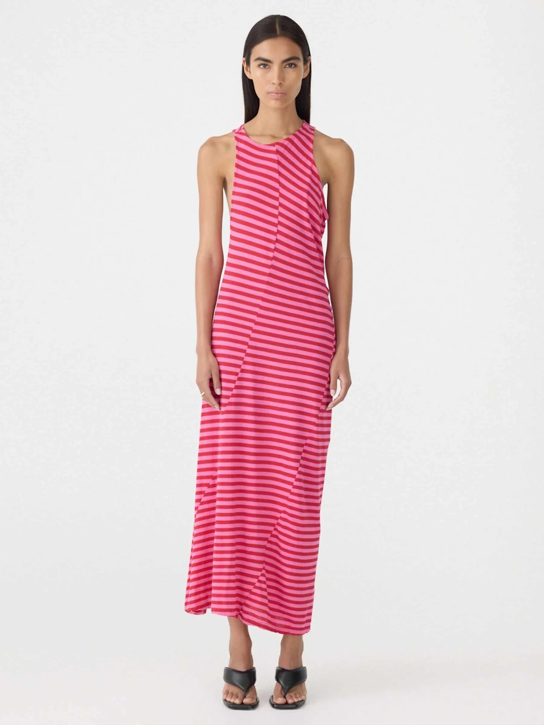 Bassike Stripe Asymmetric Tank Dress Red Pink