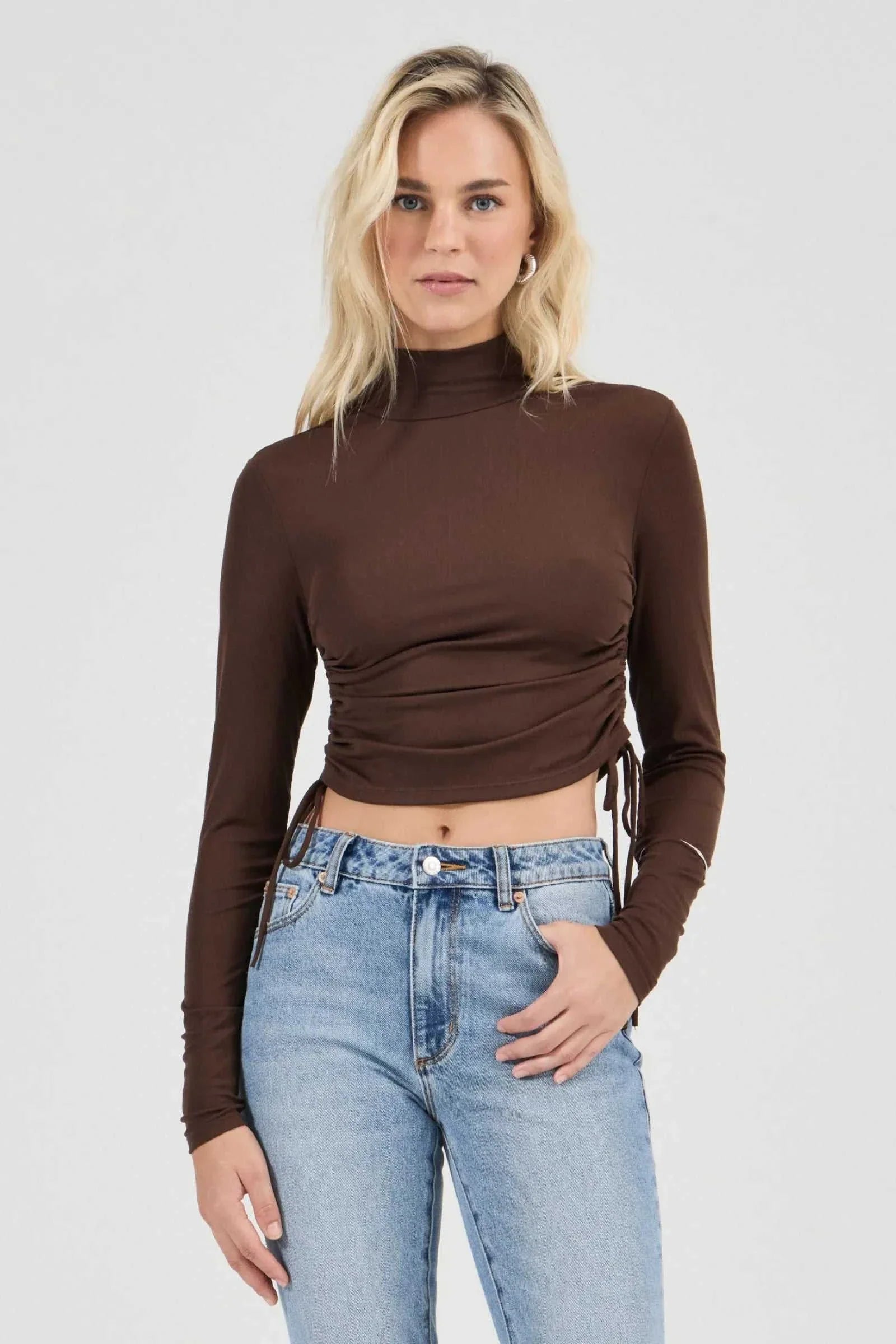 Rollas Selena Rouched Long Sleeve Top Espresso