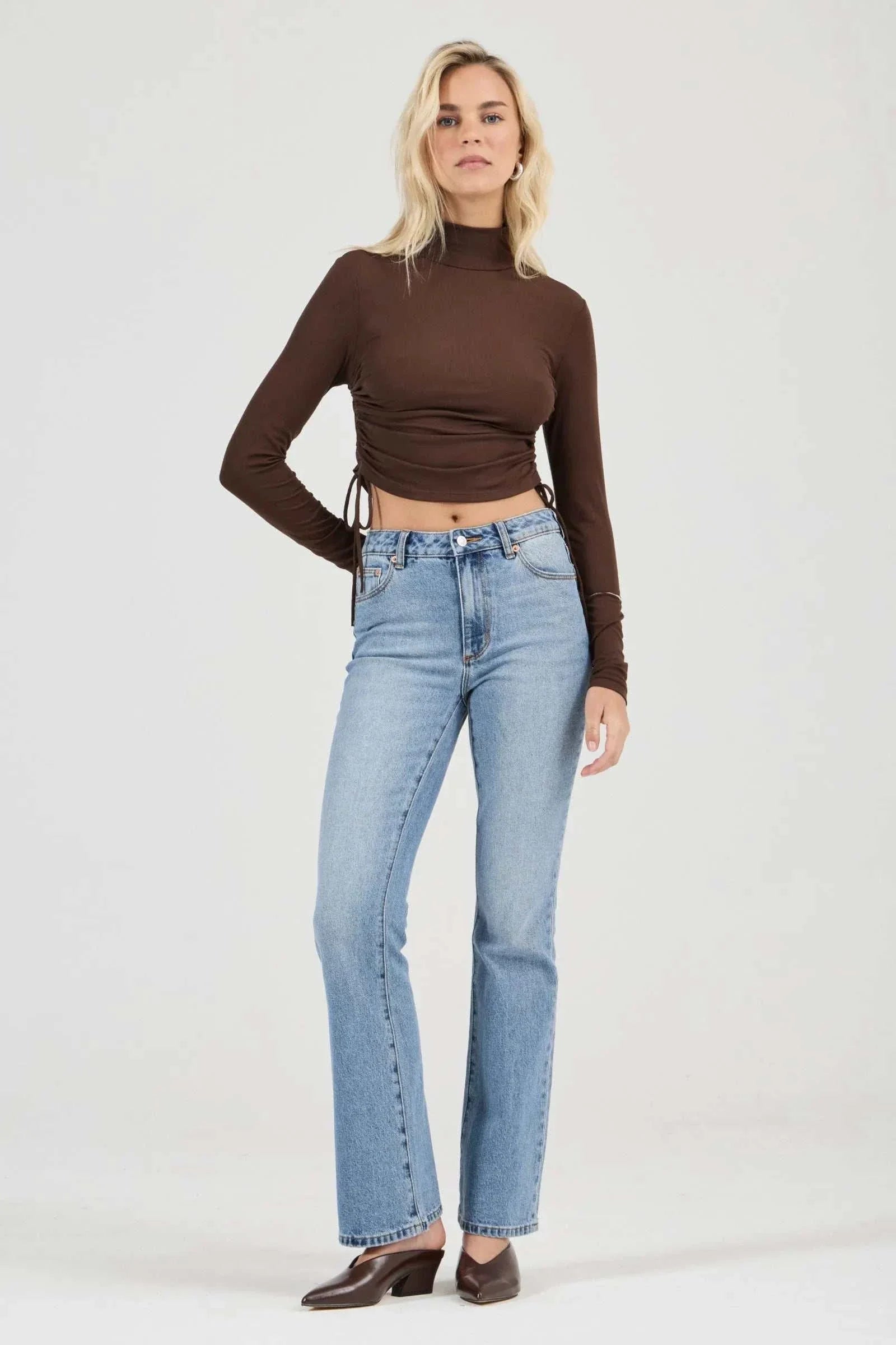 Rollas Selena Rouched Long Sleeve Top Espresso