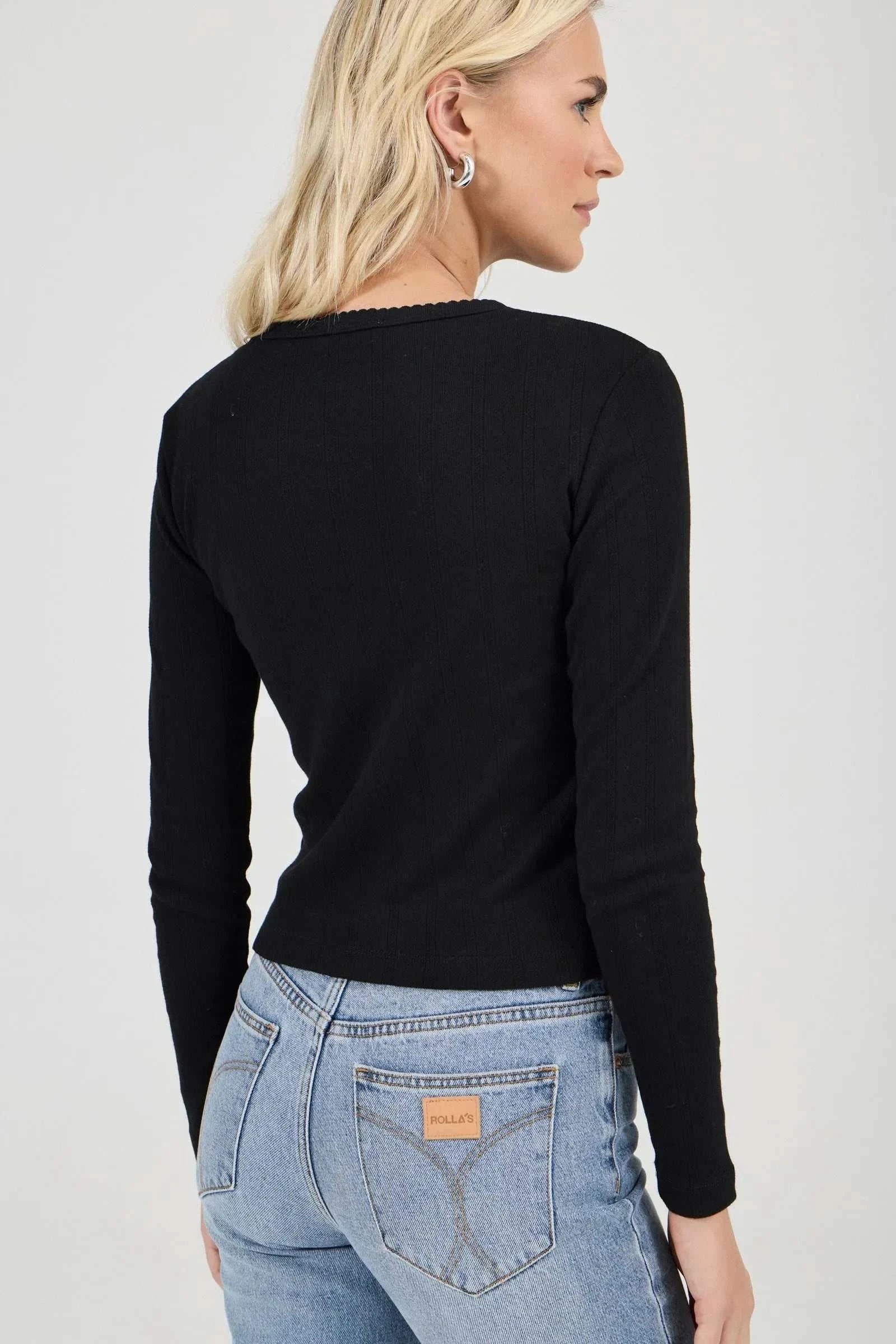 Rollas Pointelle Classic Long Sleeve Top Black