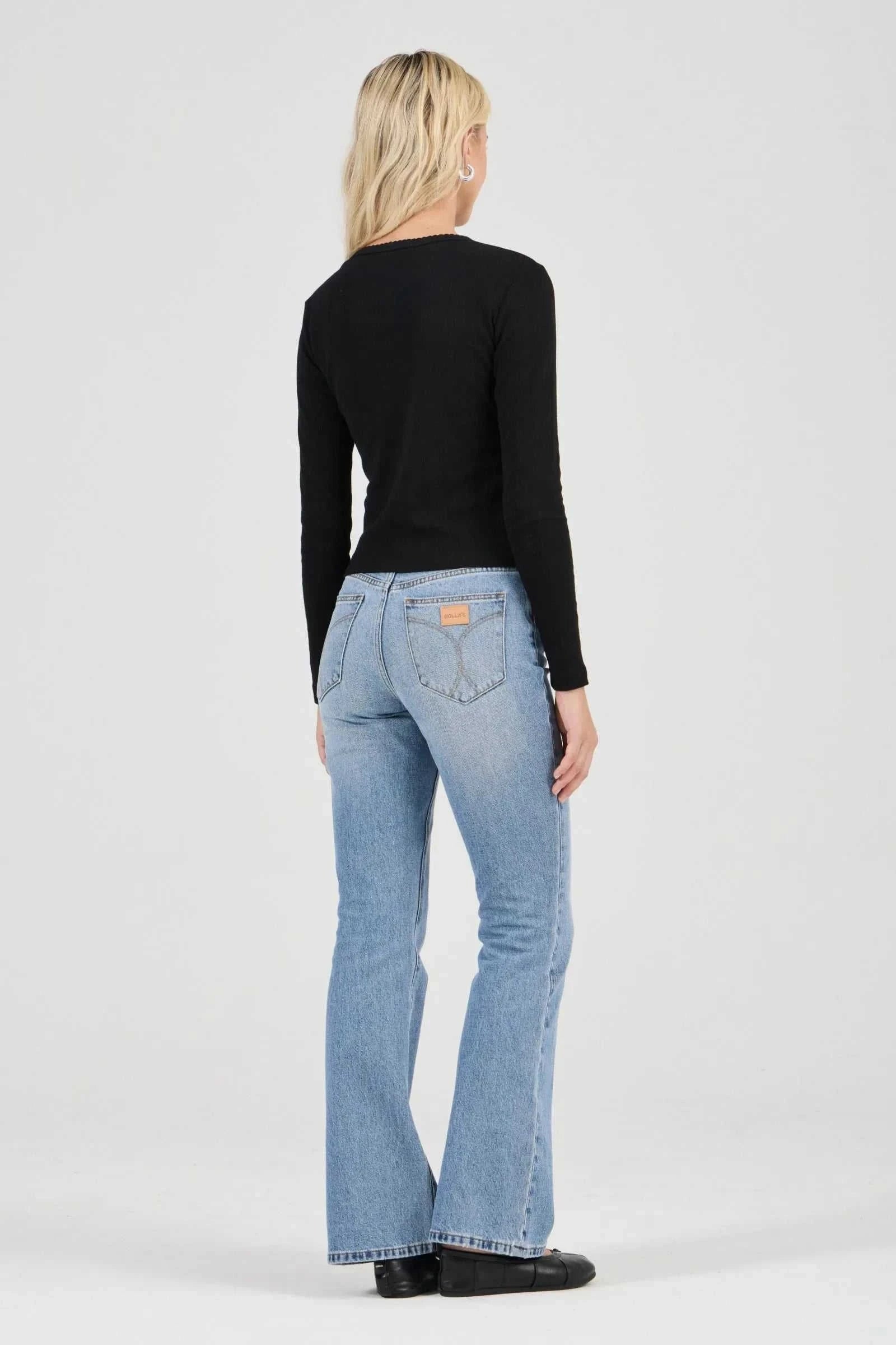 Rollas Pointelle Classic Long Sleeve Top Black