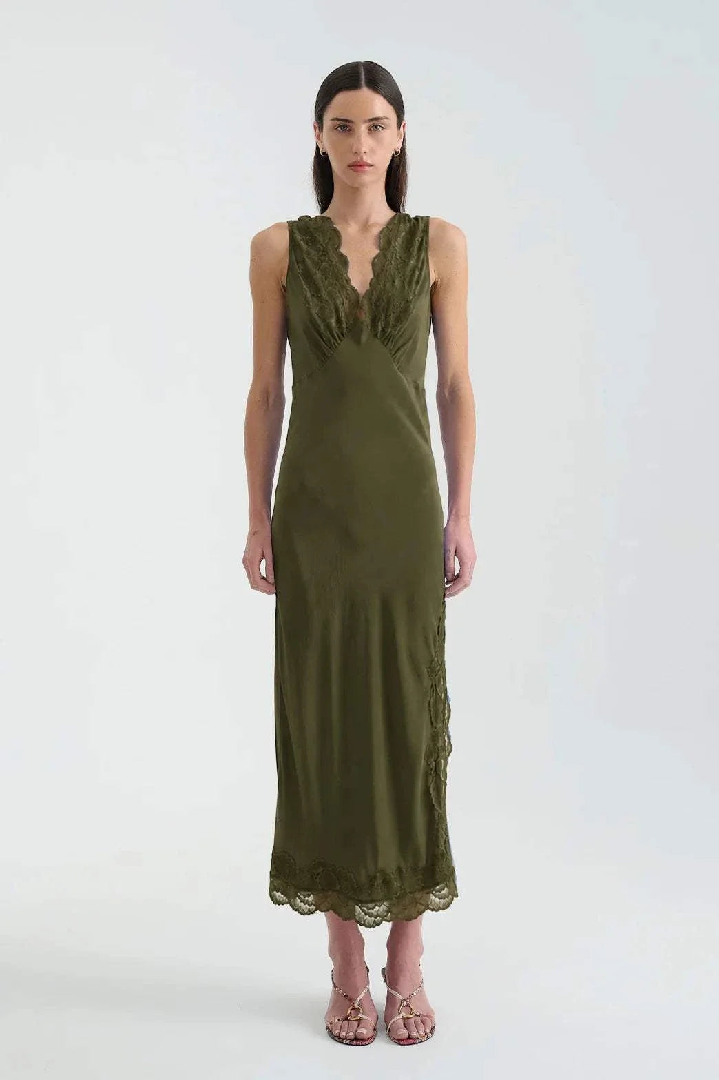 Rowie Annie Silk Midi Dress Olive