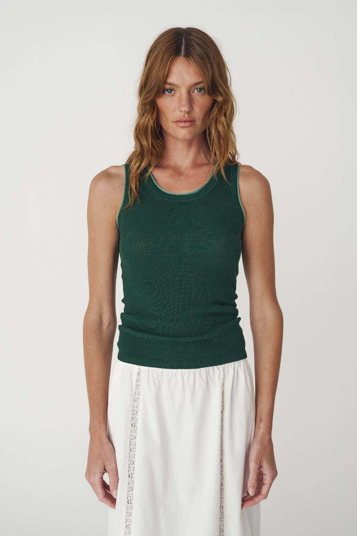 Rowie Zoe Contrast Knit Tank Bottle Green