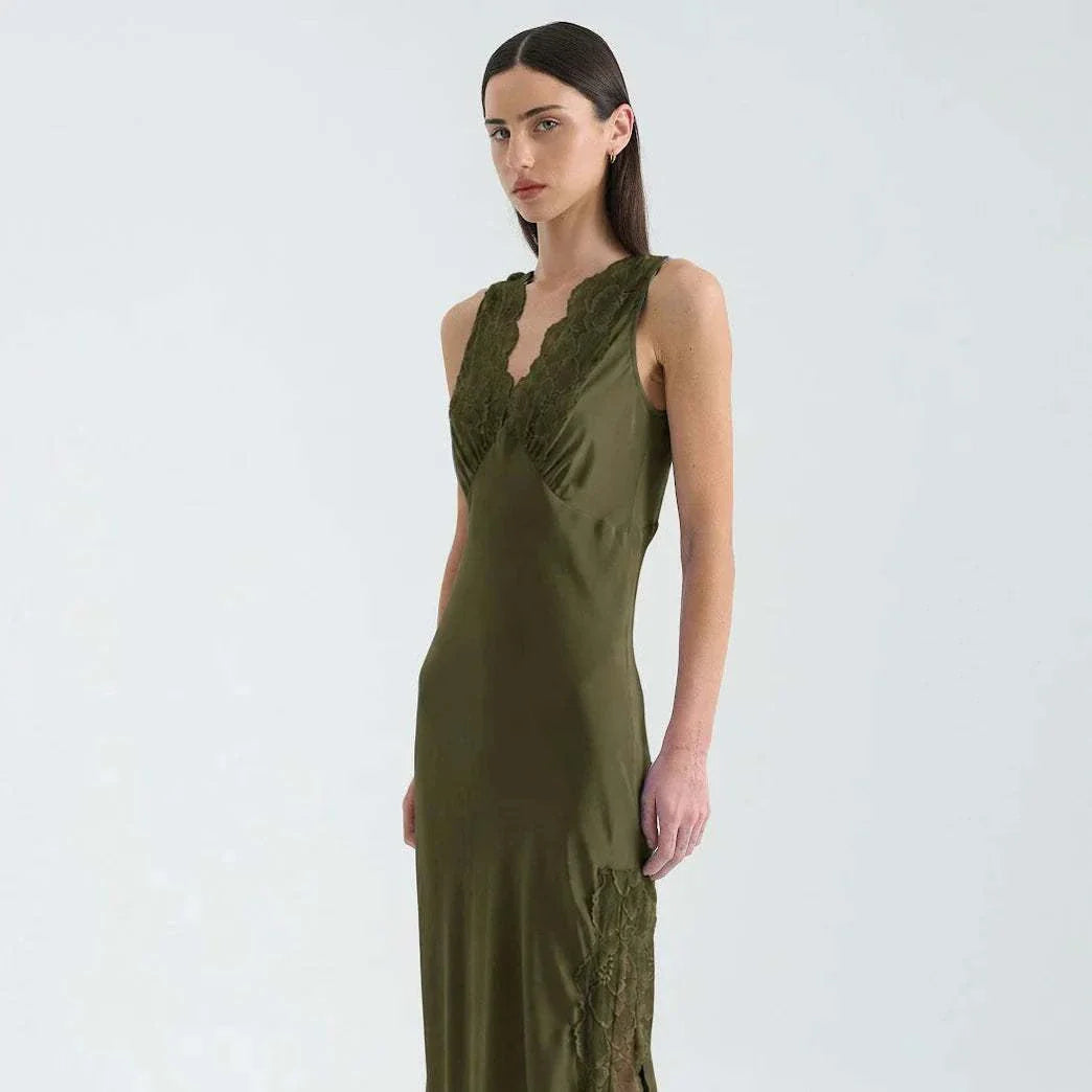 Rowie Annie Silk Midi Dress Olive