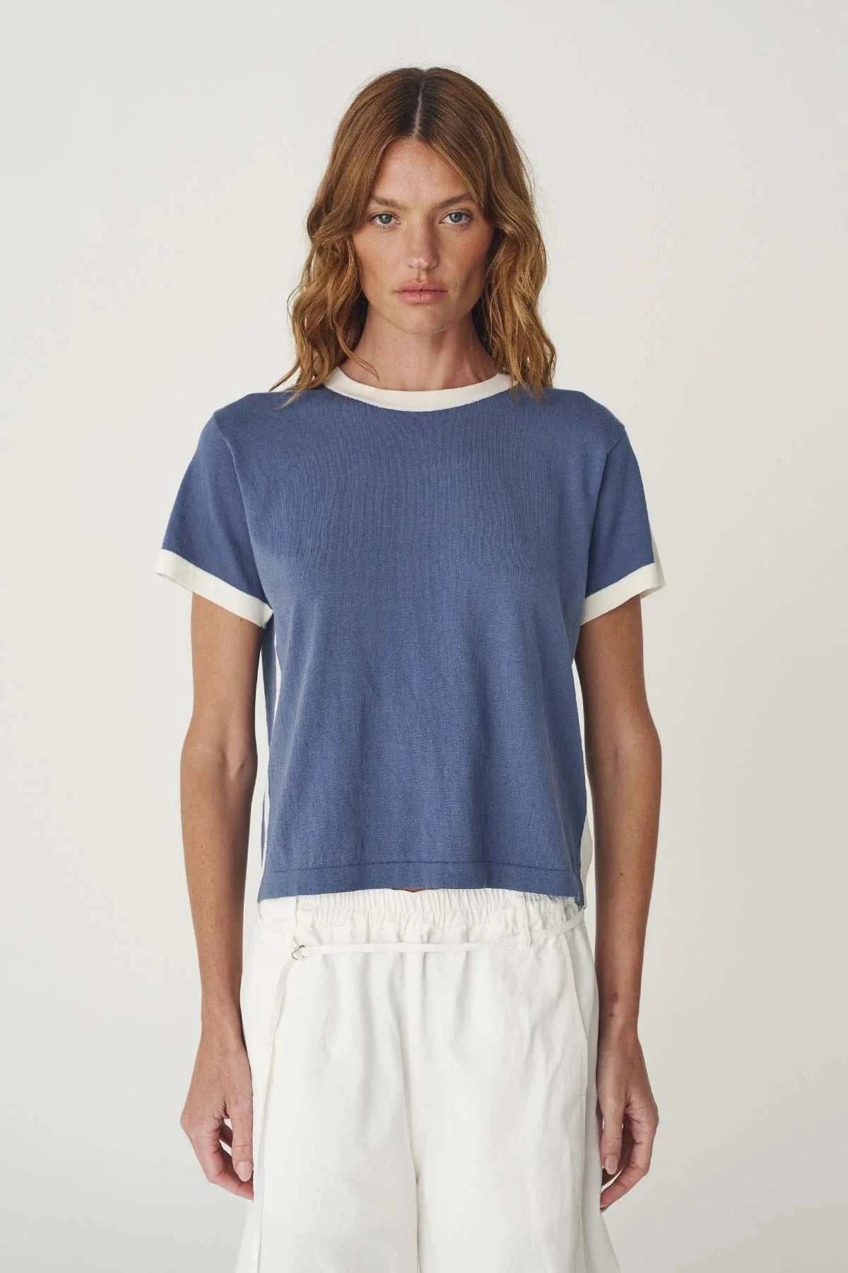 Rowie Rania Contrast Knit Tee Chalk Blue