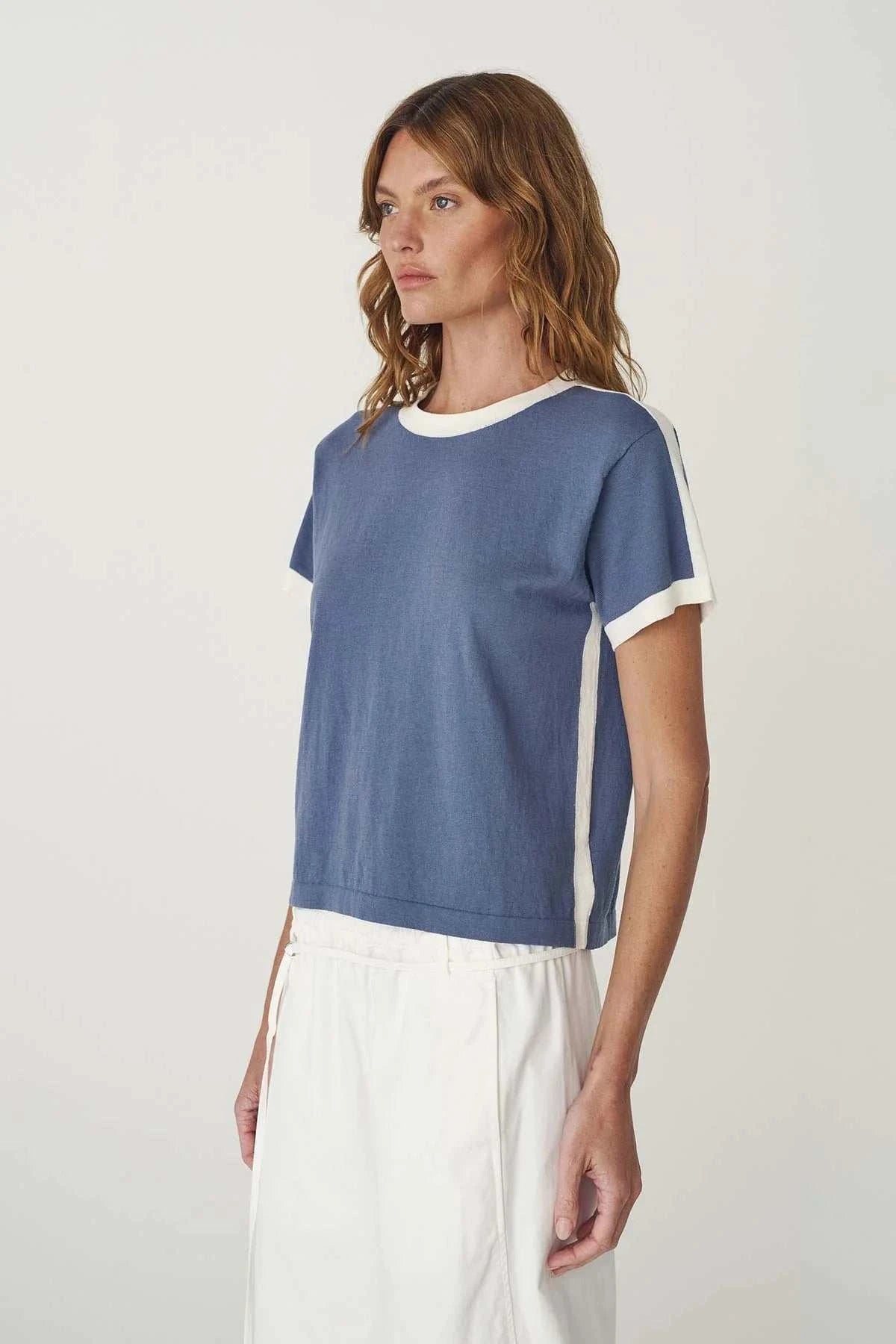 Rowie Rania Contrast Knit Tee Chalk Blue