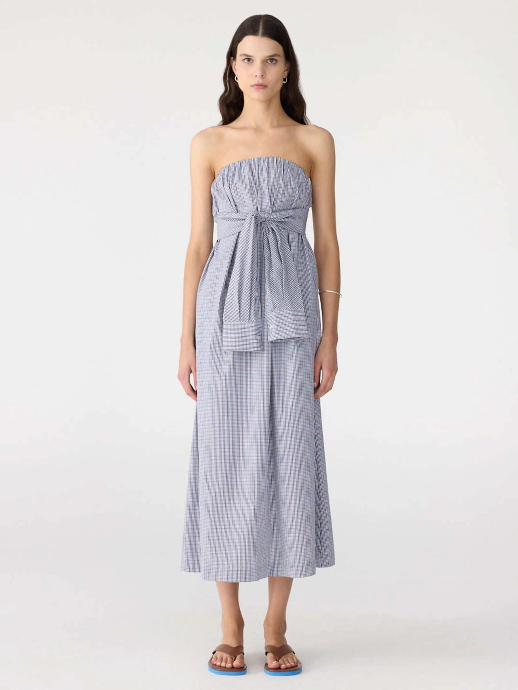 Bassike Mini Check Tie Detail Dress Blue Brown
