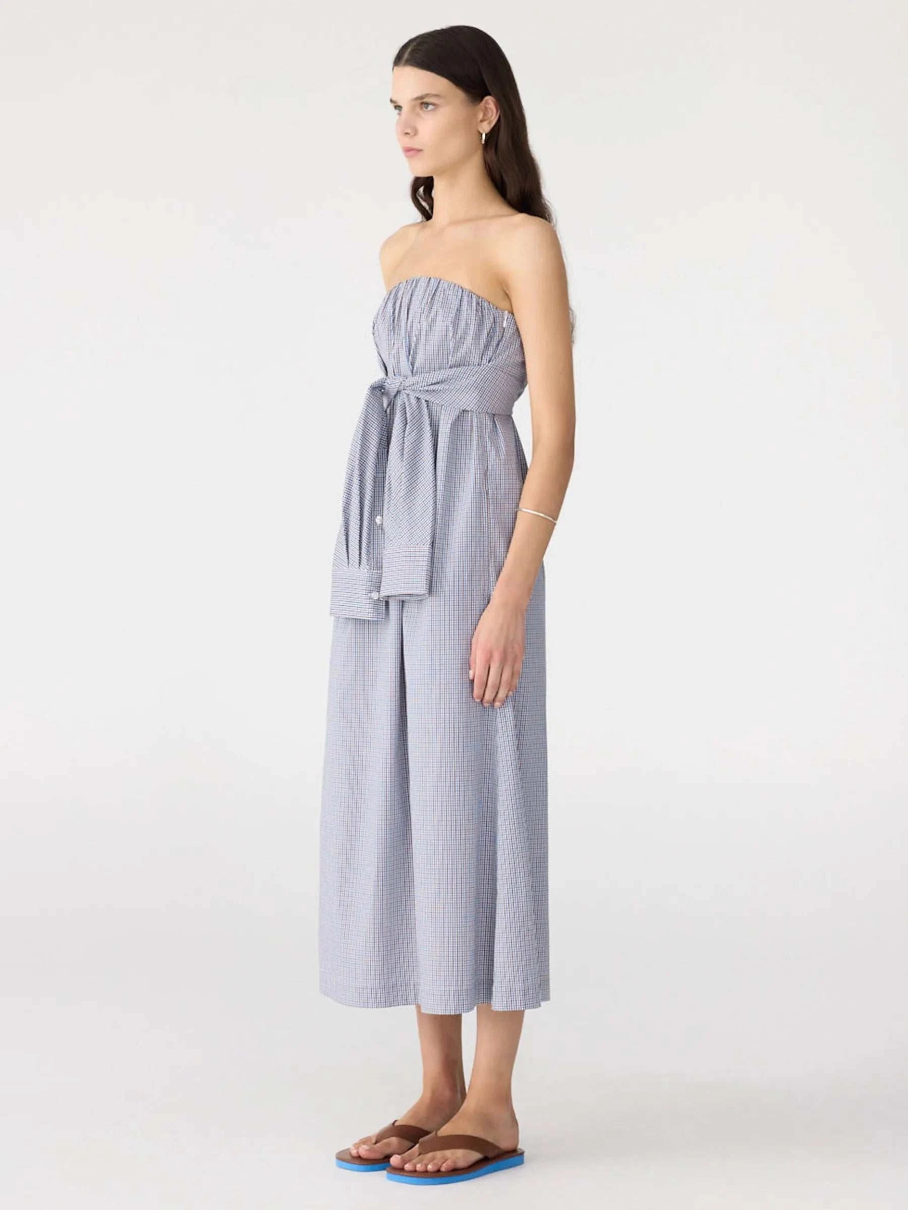 Bassike Mini Check Tie Detail Dress Blue Brown