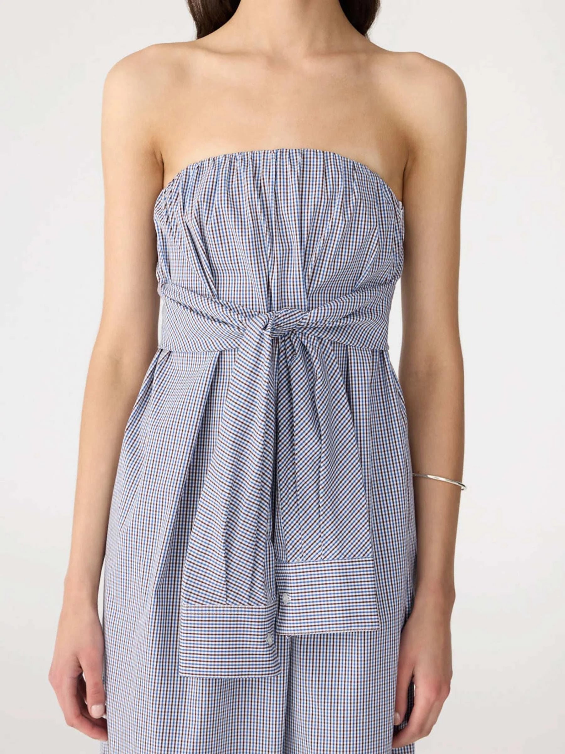 Bassike Mini Check Tie Detail Dress Blue Brown