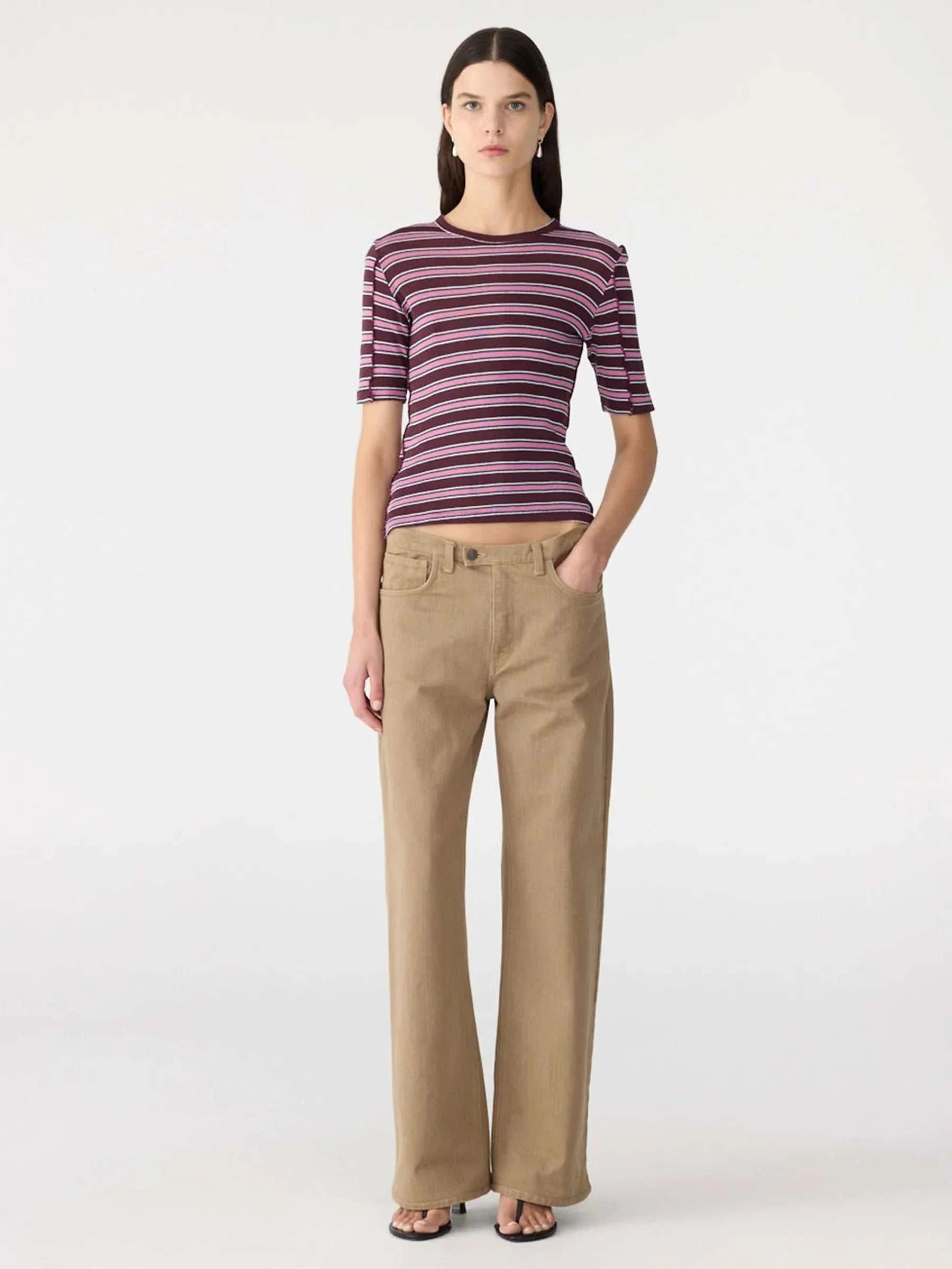 Bassike Retro Rib Stripe Mid Sleeve Top Burgundy Pink