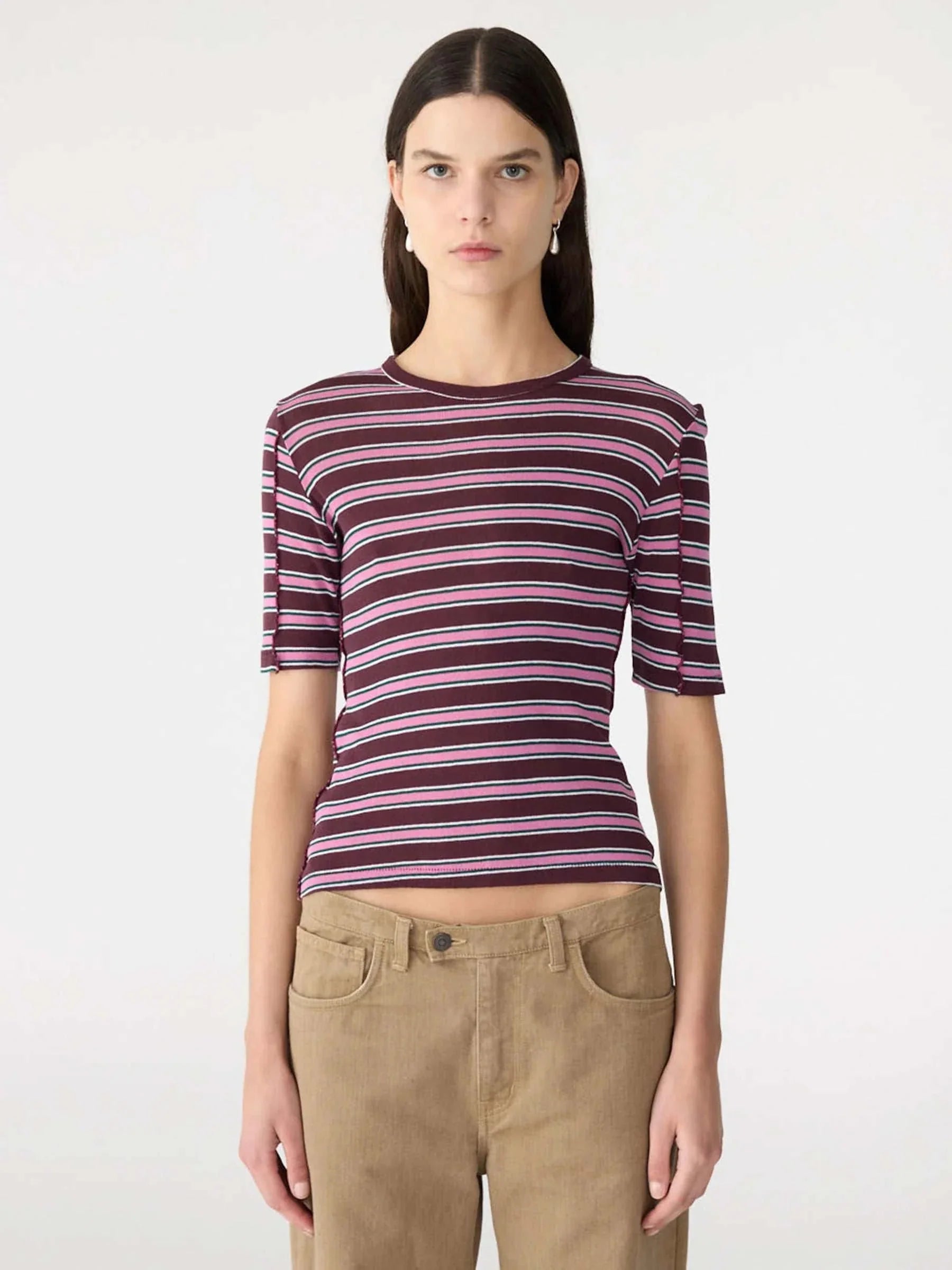 Bassike Retro Rib Stripe Mid Sleeve Top Burgundy Pink