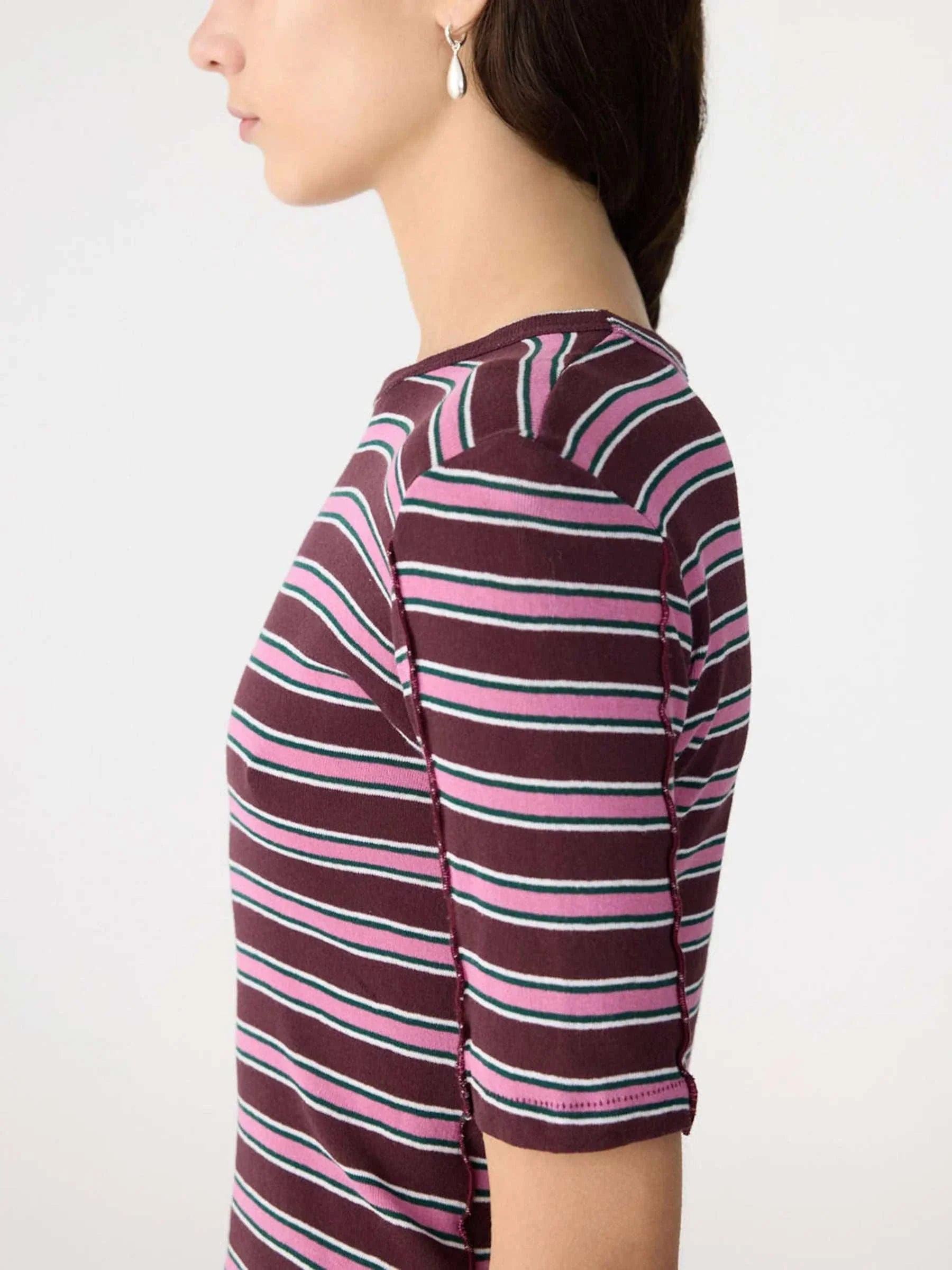Bassike Retro Rib Stripe Mid Sleeve Top Burgundy Pink