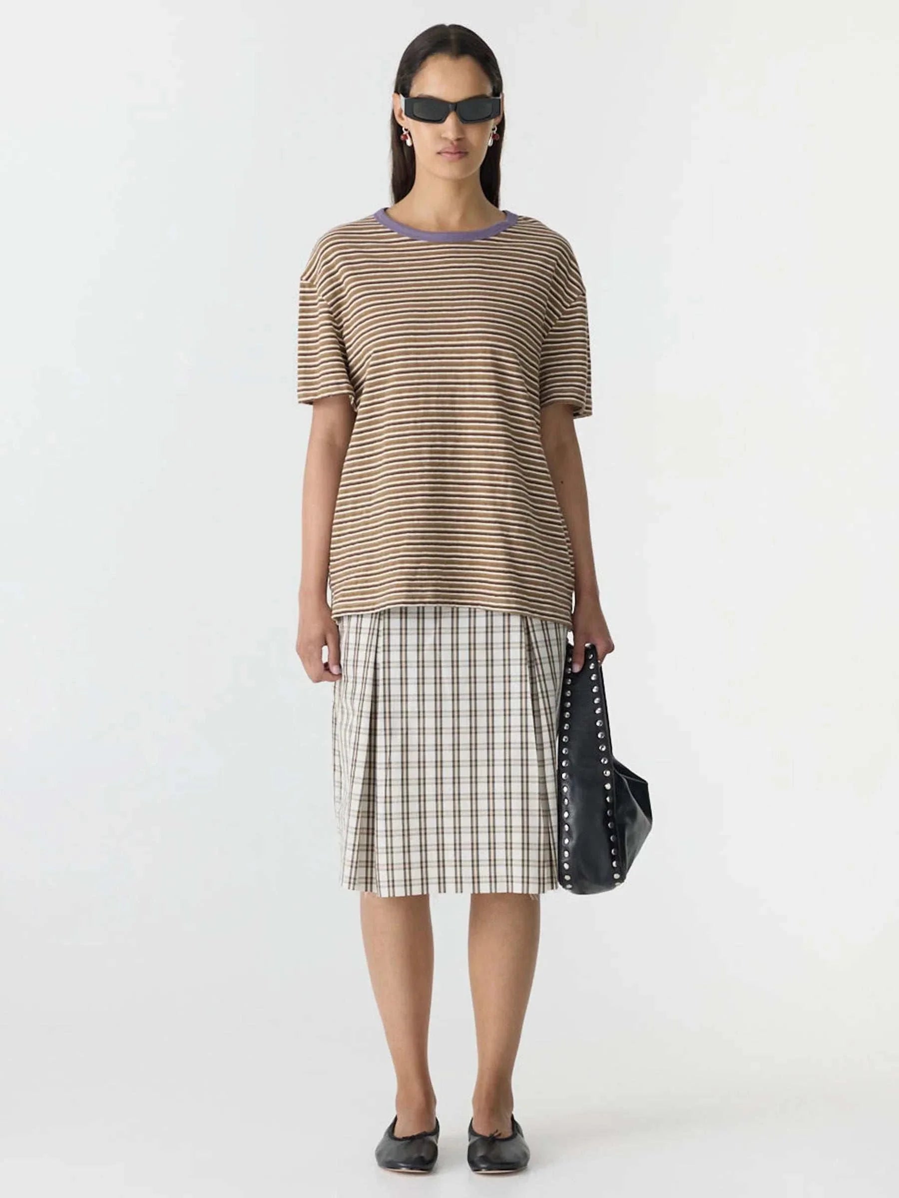 Bassike Stripe Boyfriend T Shirt Brown Stripe Heritage Purple