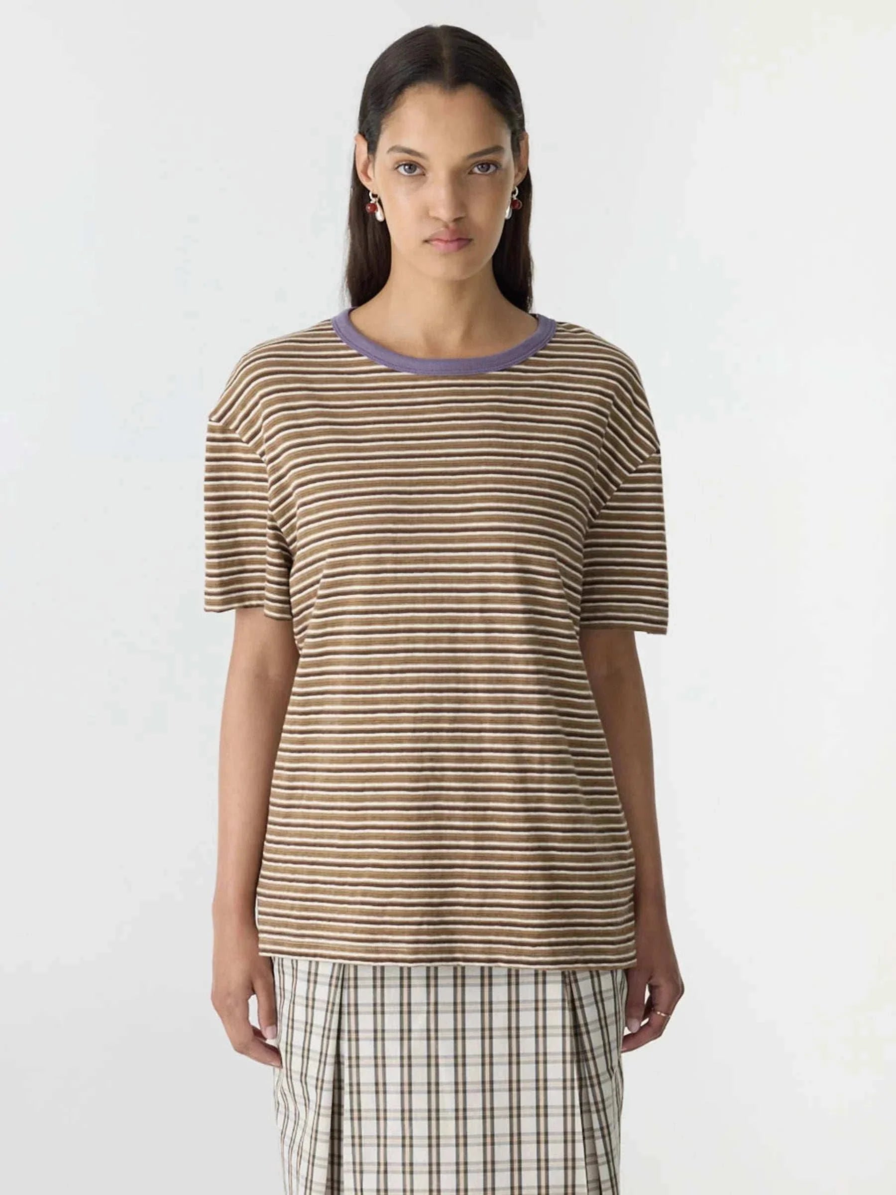 Bassike Stripe Boyfriend T Shirt Brown Stripe Heritage Purple