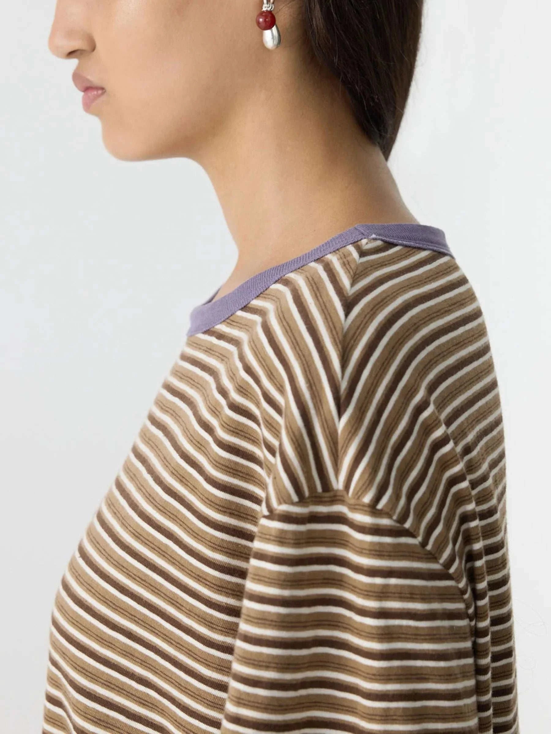 Bassike Stripe Boyfriend T Shirt Brown Stripe Heritage Purple