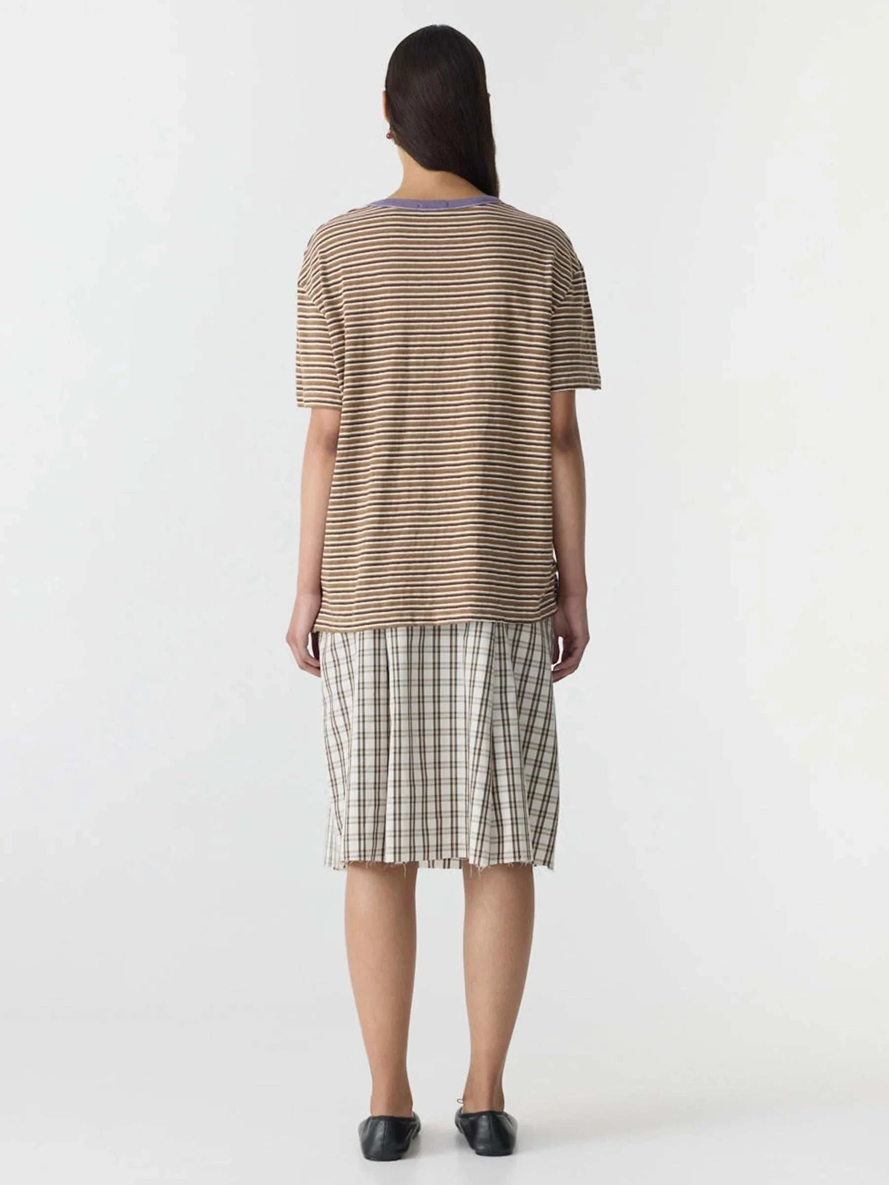 Bassike Stripe Boyfriend T Shirt Brown Stripe Heritage Purple