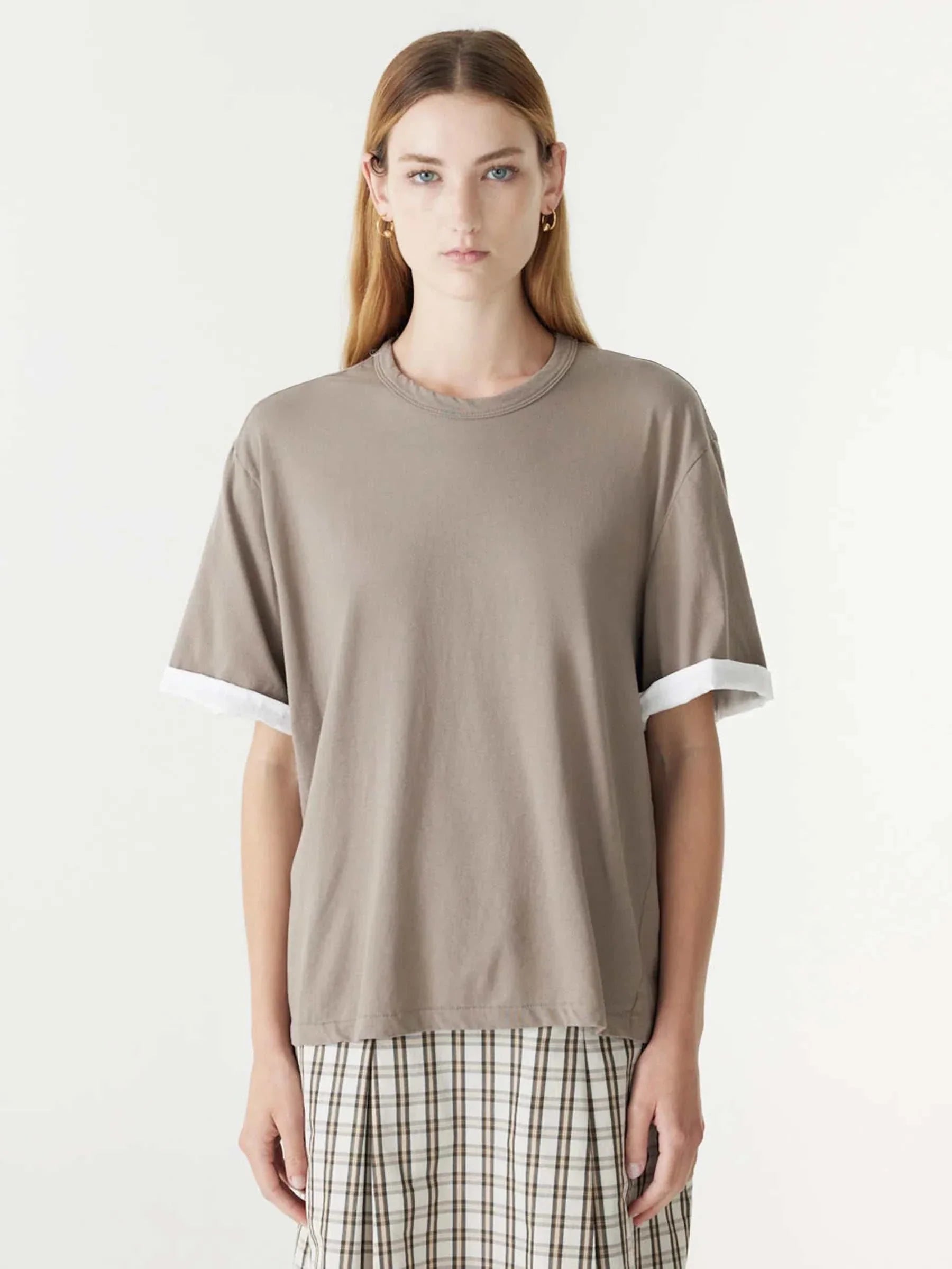 Bassike Slouch Turnback T Shirt Acid Taupe White