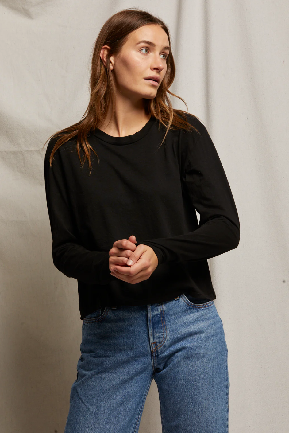 Perfectwhitetee Axel Long Sleeve Cotton Boxy Crew Tee Black