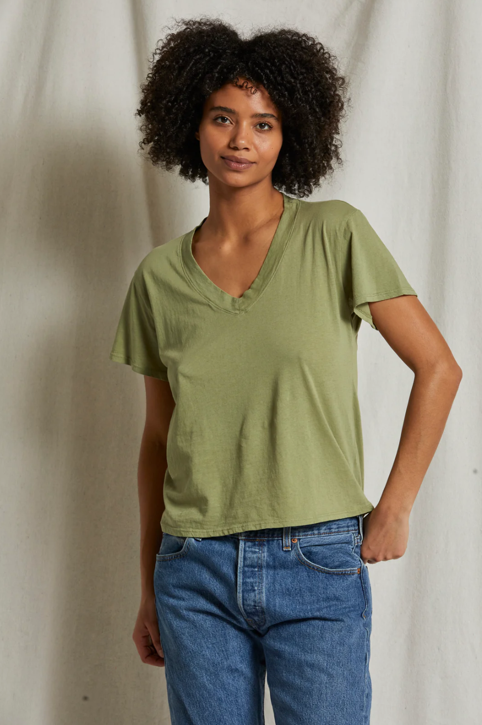 Perfectwhitetee Hendrix Cotton Boxy V Neck Tee Oil Green