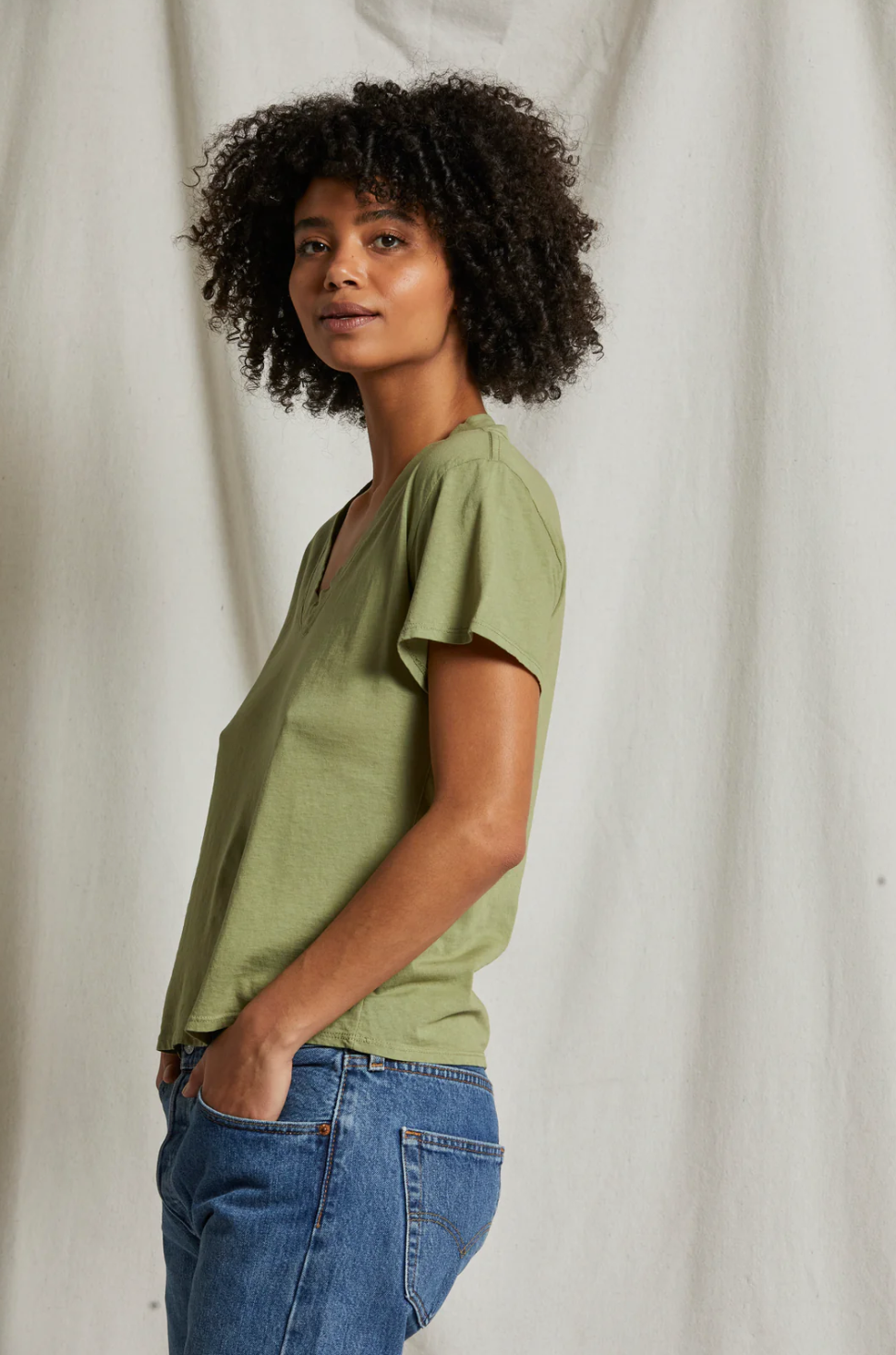 Perfectwhitetee Hendrix Cotton Boxy V Neck Tee Oil Green