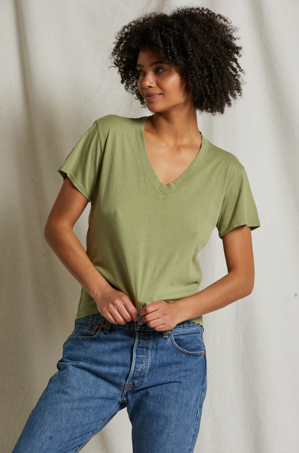 Perfectwhitetee Hendrix Cotton Boxy V Neck Tee Oil Green
