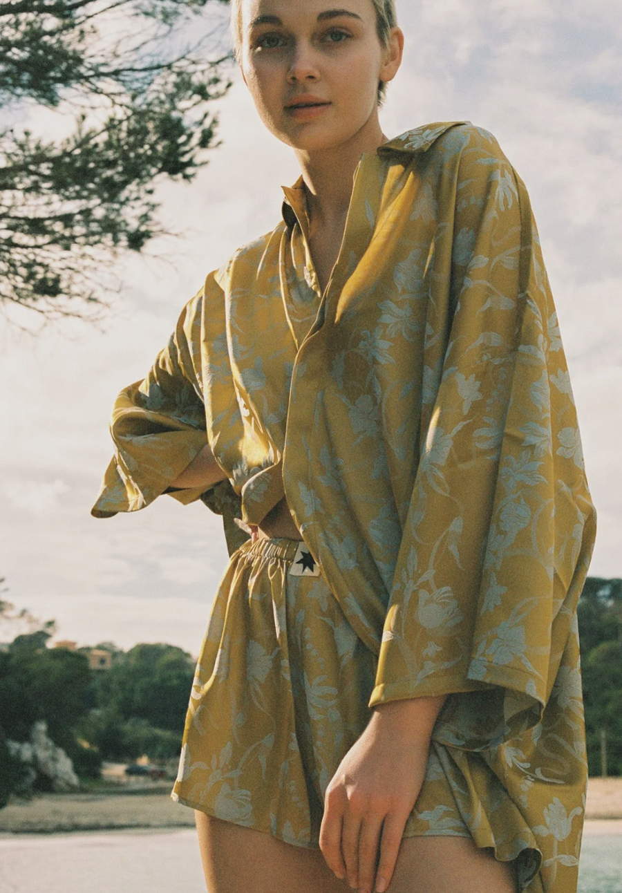 Ciao Ciao Vacation Tramonto Floral Satin Bungalow Shirt