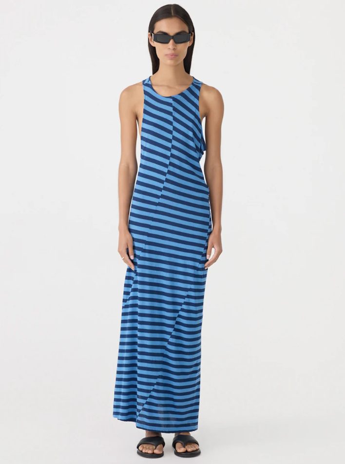 Bassike Asymmetric Tank Dress Blue Navy Stripe