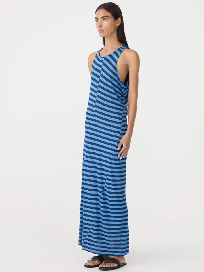 Bassike Asymmetric Tank Dress Blue Navy Stripe