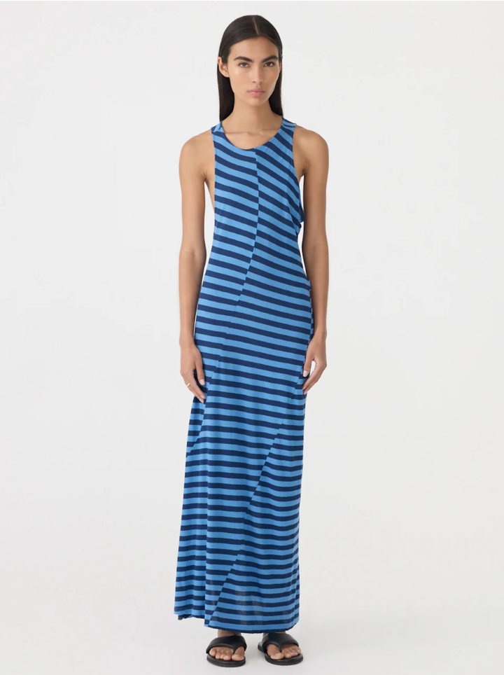 Bassike Asymmetric Tank Dress Blue Navy Stripe