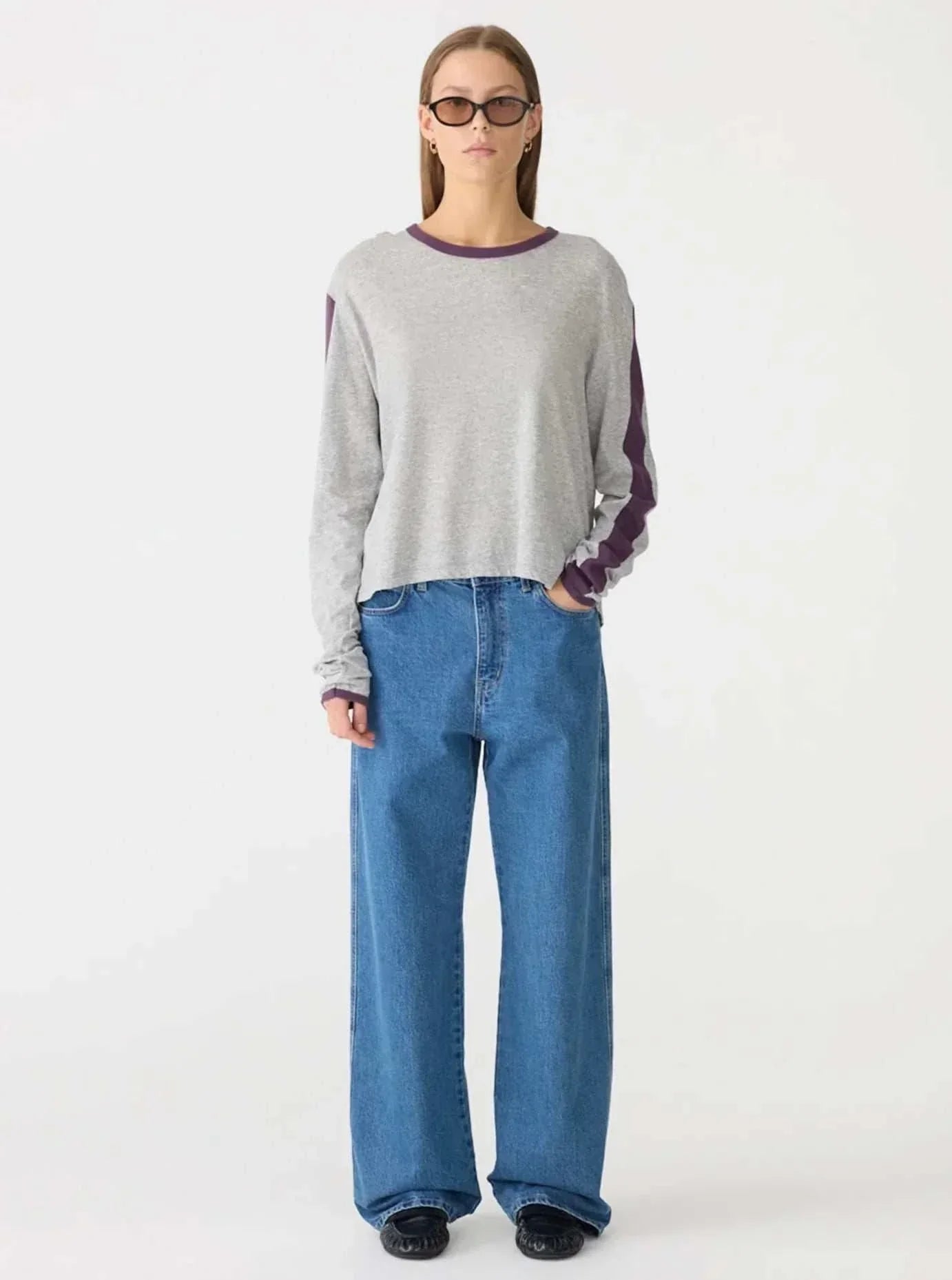 Bassike Racer Sleeve Long Shirt Grey Marl Aubergine