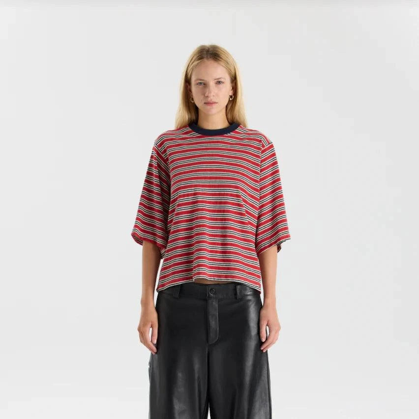Bassike Stripe Quarter Sleeve T Shirt Red/Navy/Natural